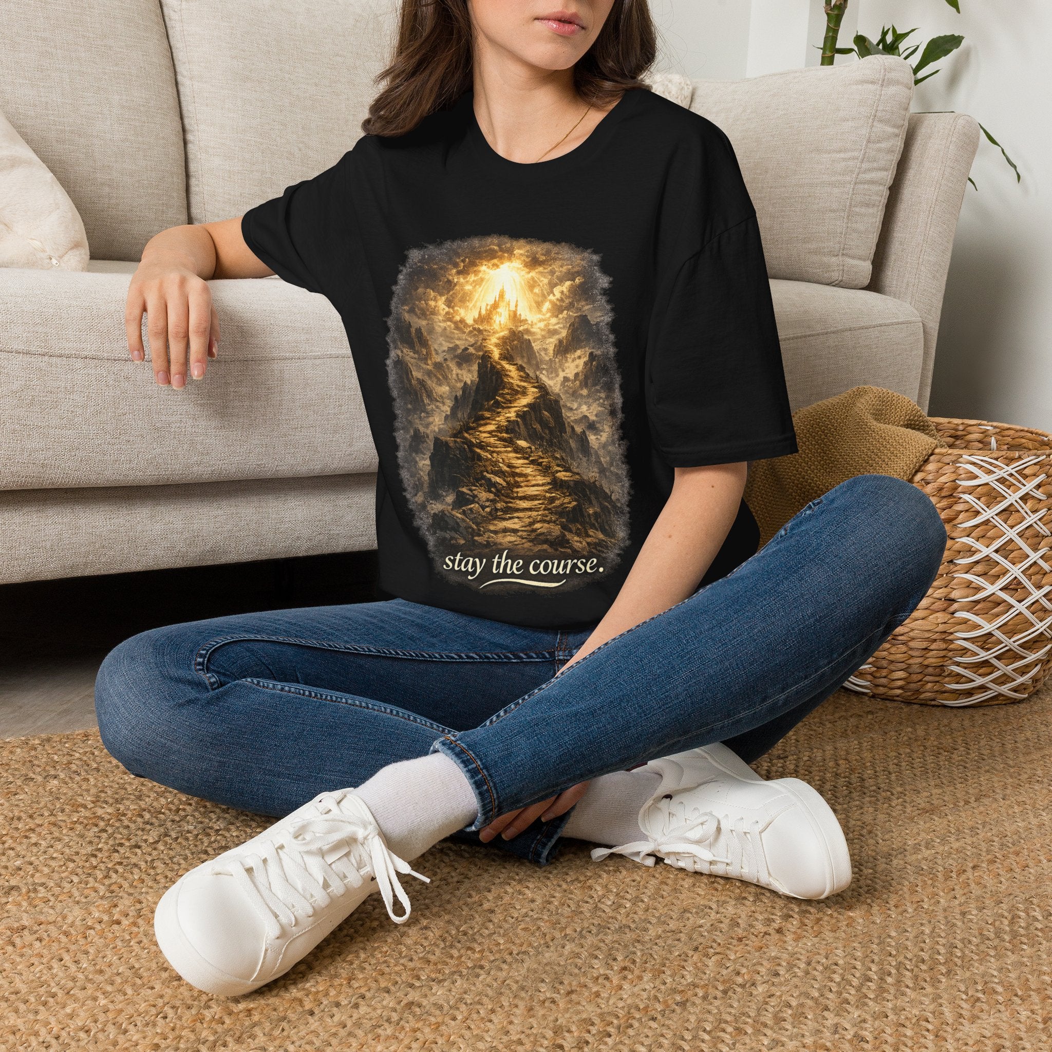 T-Shirt — 'Stay the Course' Ascending Light Mountain Graphic Tee