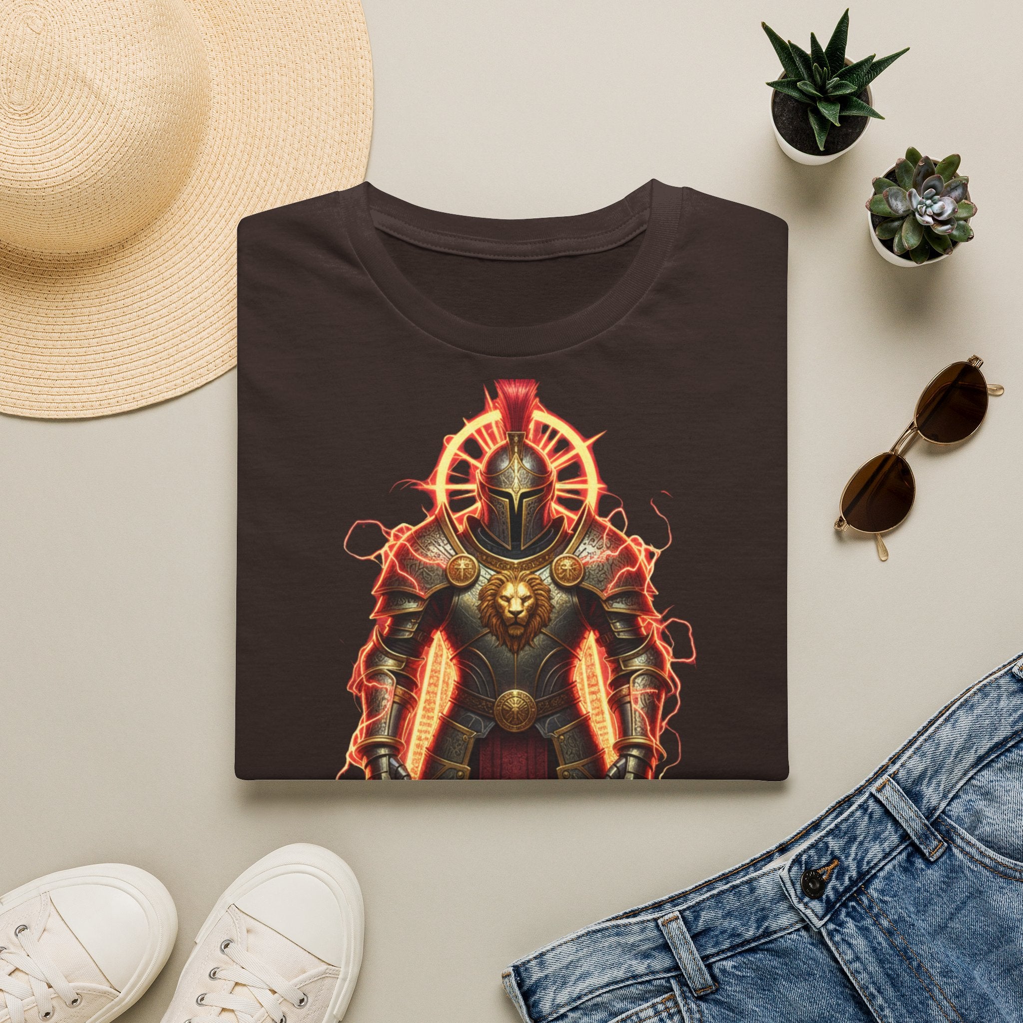 Knight of Flame Graphic T-Shirt — Fiery Medieval Armor Tee