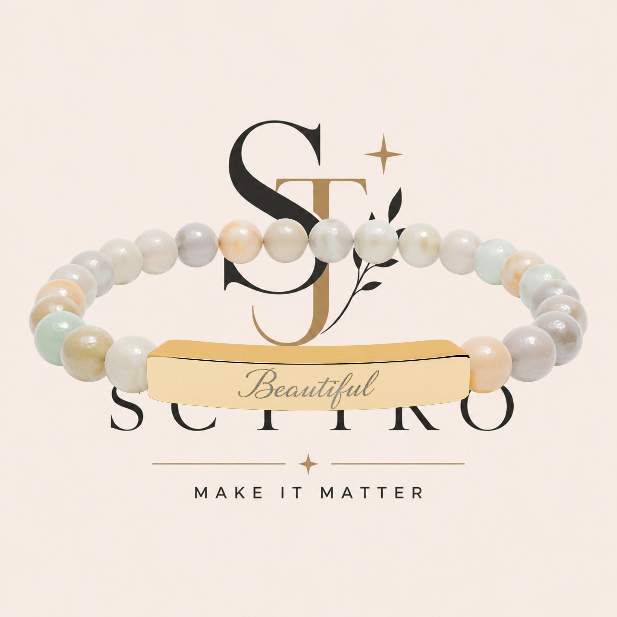 Engraved Natural Stone Bar Bracelet — Personalized Stretch Beaded Bracelet