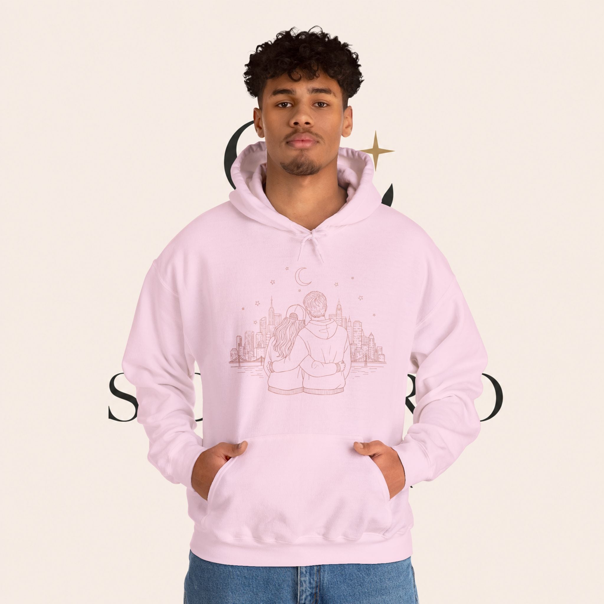 Calm City Meditation Hoodie — Zen Seated Figure Skyline Design