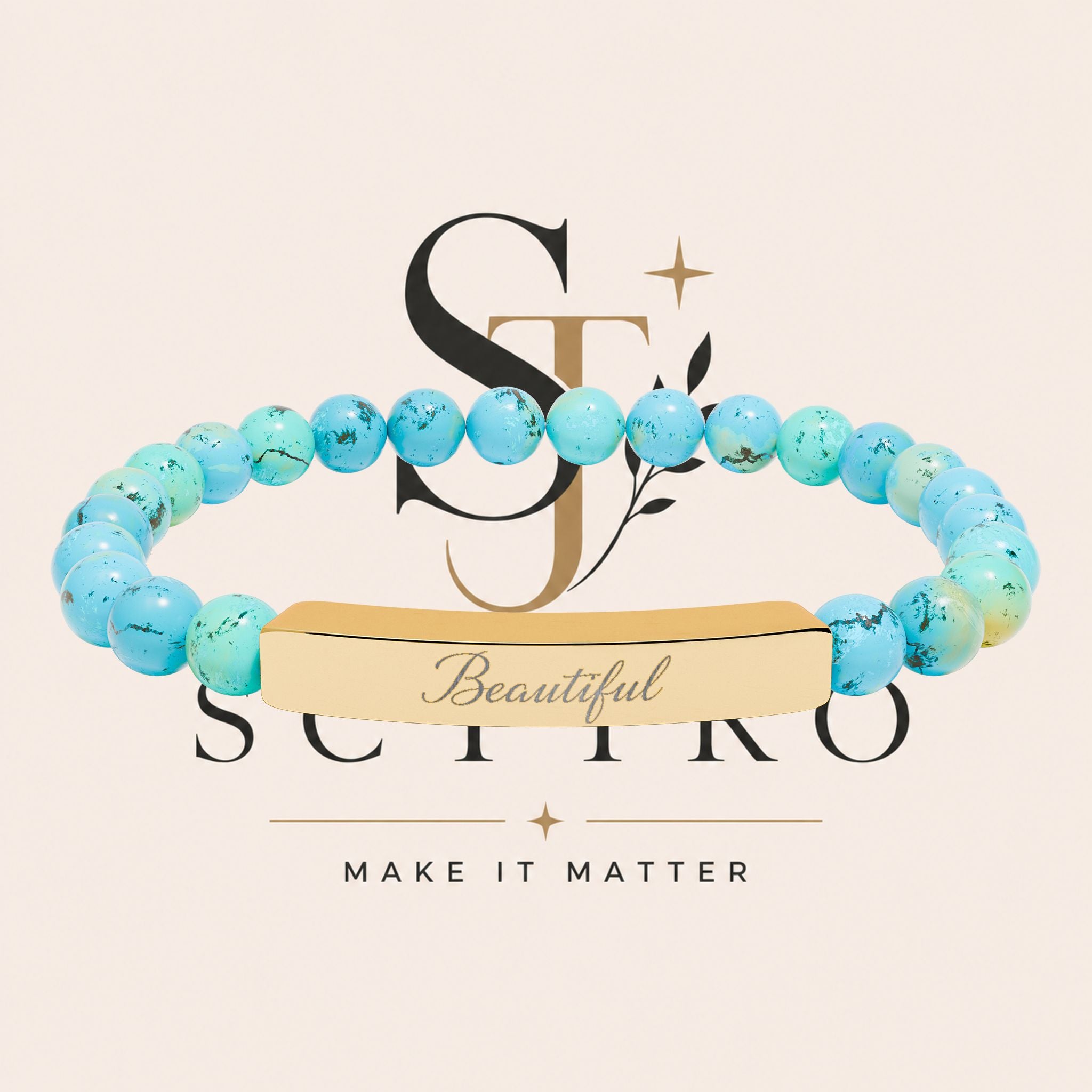 Engraved Natural Stone Bar Bracelet — Personalized Stretch Beaded Bracelet