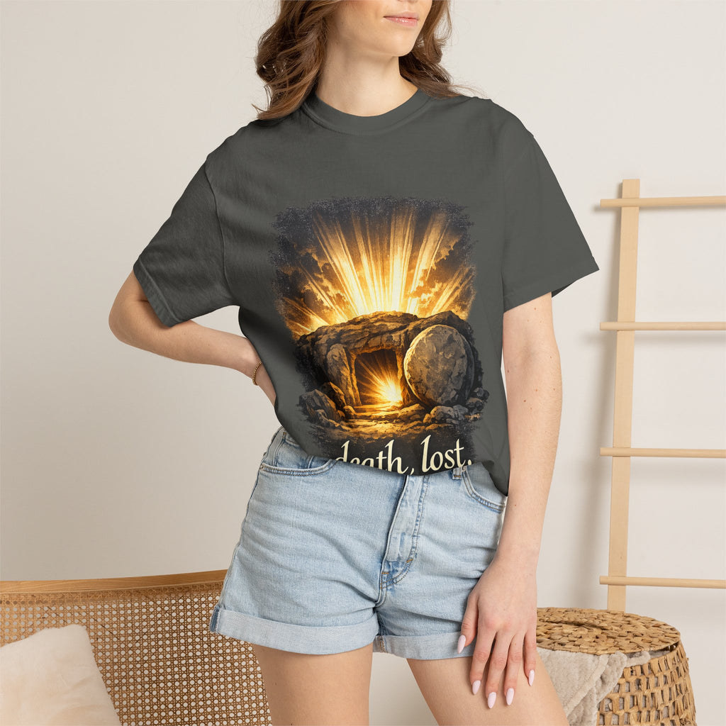 T-Shirt — Sunrise Tomb Graphic ‘death, lost.’ Memorial Tee