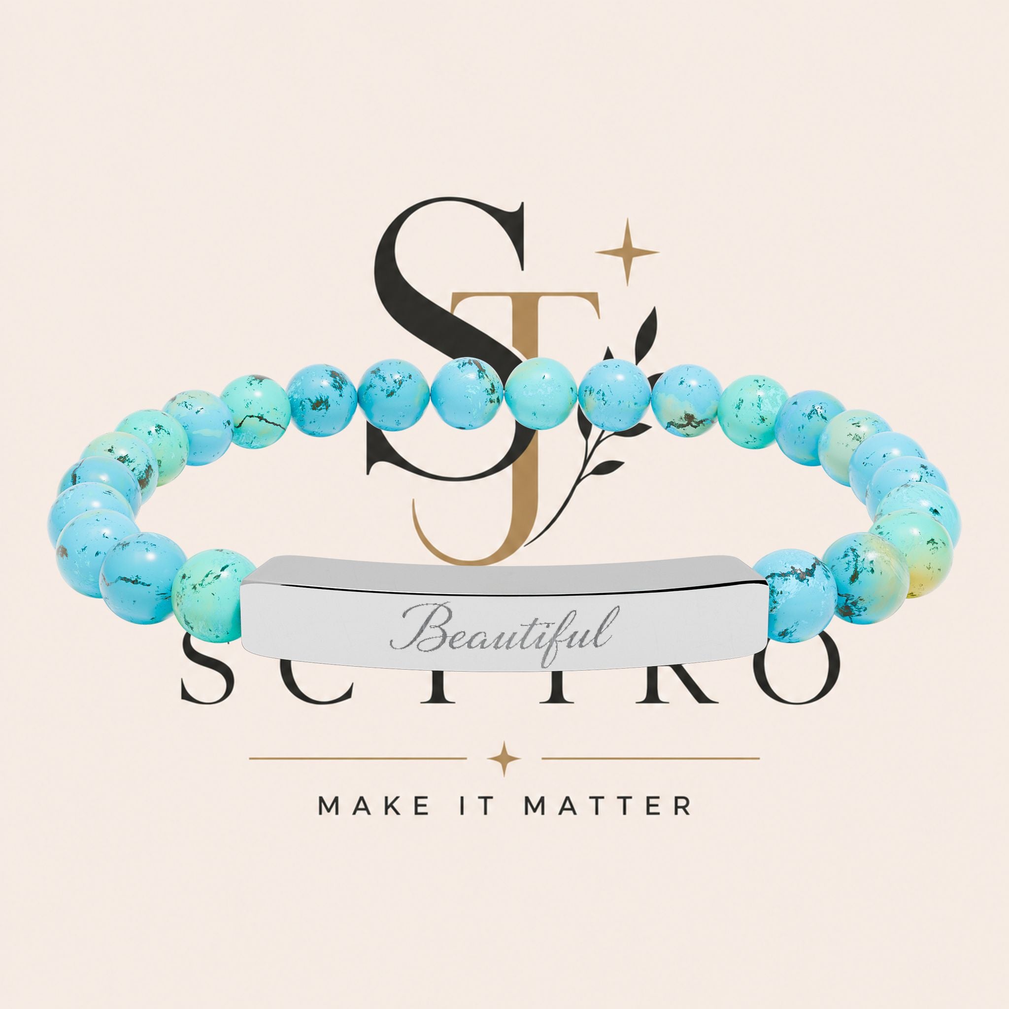 Engraved Natural Stone Bar Bracelet — Personalized Stretch Beaded Bracelet