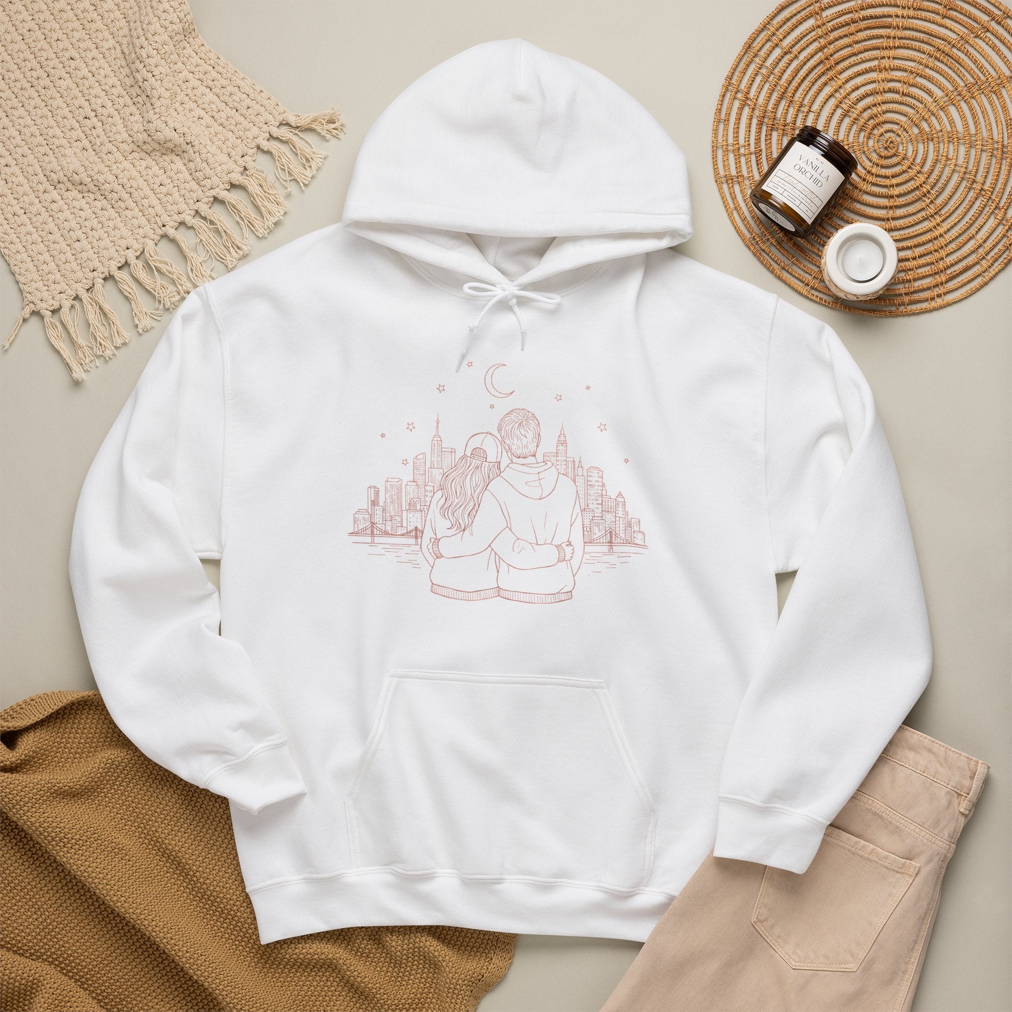 Calm City Meditation Hoodie — Zen Seated Figure Skyline Design