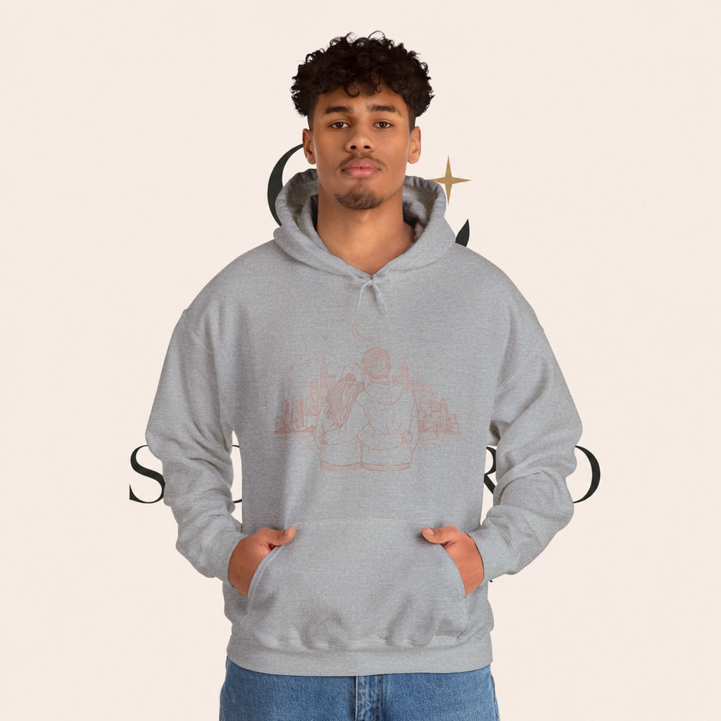 Calm City Meditation Hoodie — Zen Seated Figure Skyline Design
