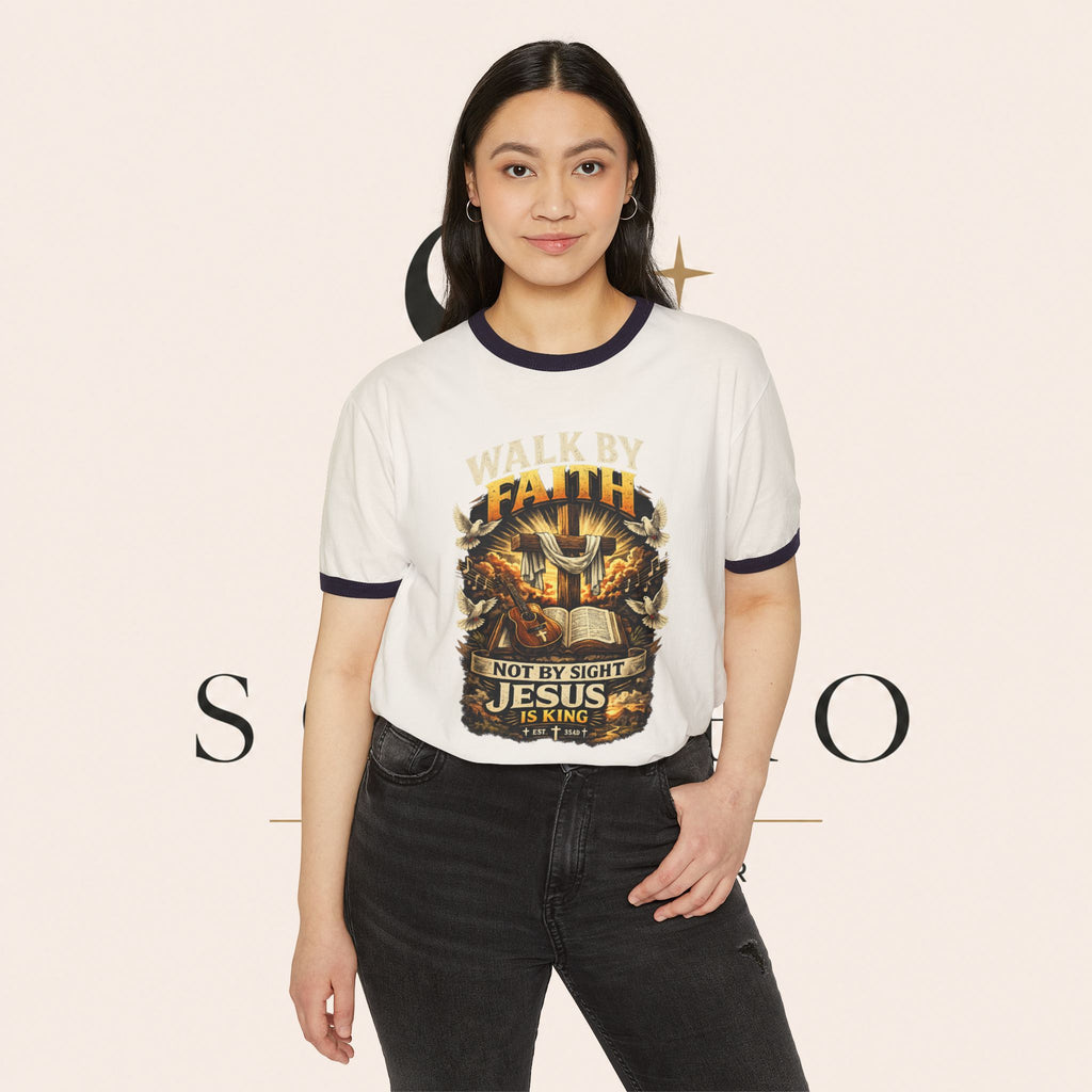 Walk by Faith Ringer T‑Shirt — 'Not By Sight Jesus Is King' Christian Tee