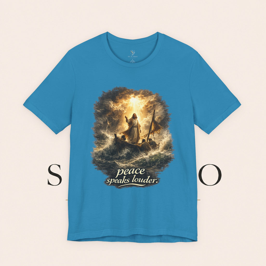 Peace Speaks Louder Christian T‑Shirt — Jesus Calming the Storm Faith Tee