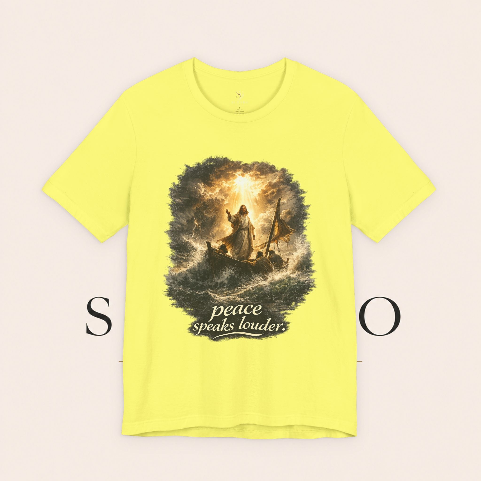 Peace Speaks Louder Christian T‑Shirt — Jesus Calming the Storm Faith Tee