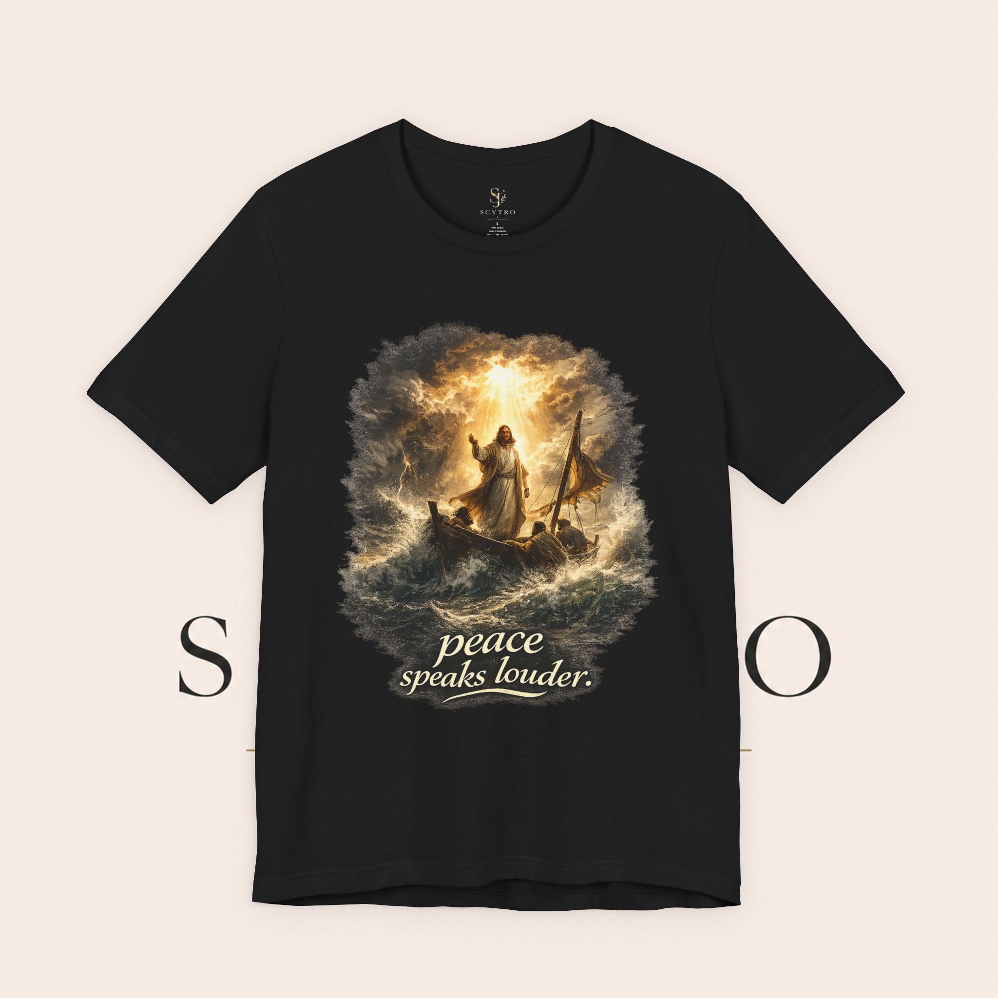 Peace Speaks Louder Christian T‑Shirt — Jesus Calming the Storm Faith Tee
