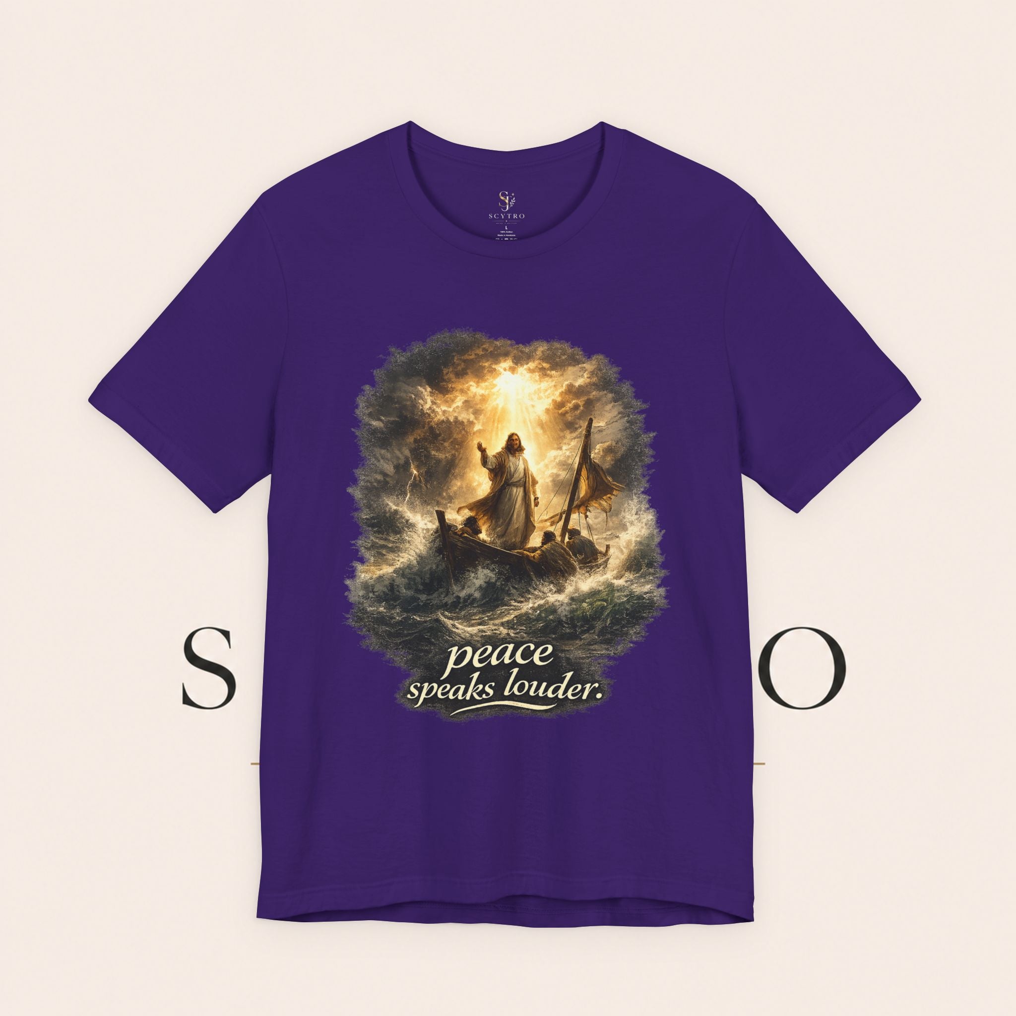 Peace Speaks Louder Christian T‑Shirt — Jesus Calming the Storm Faith Tee