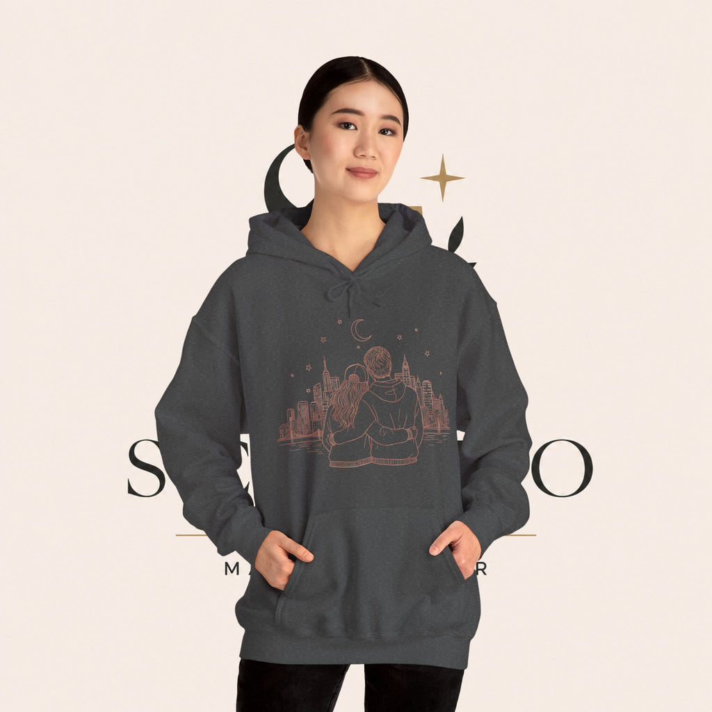 Calm City Meditation Hoodie — Zen Seated Figure Skyline Design