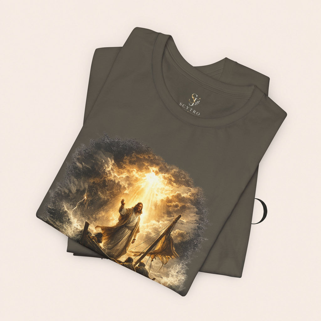 Peace Speaks Louder Christian T‑Shirt — Jesus Calming the Storm Faith Tee
