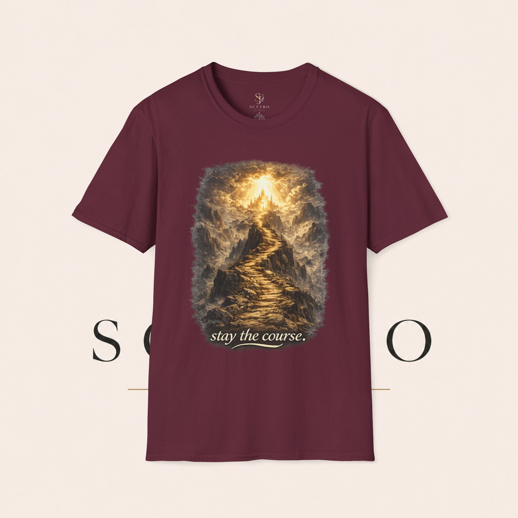 T-Shirt — 'Stay the Course' Ascending Light Mountain Graphic Tee