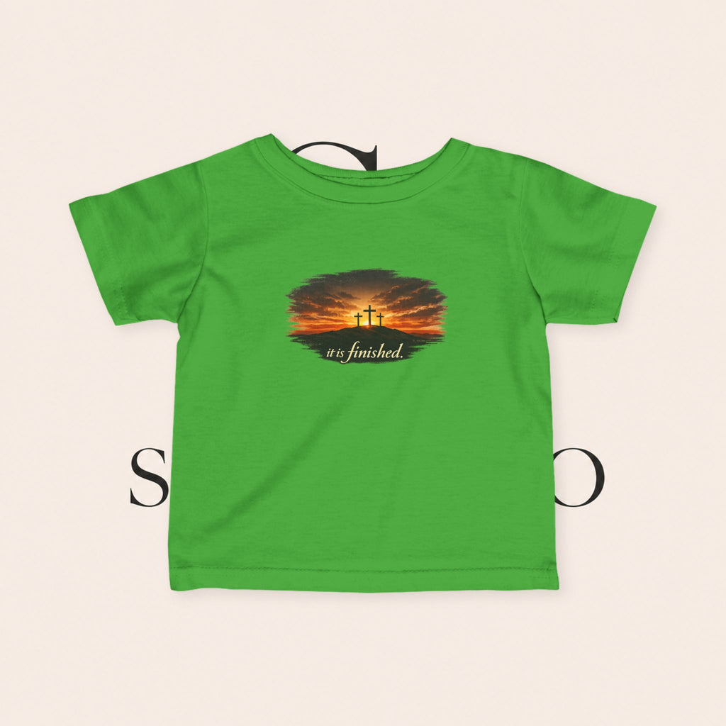 Infant Tee — Sunset Three Crosses "It Is Finished" Christian Baby Shirt