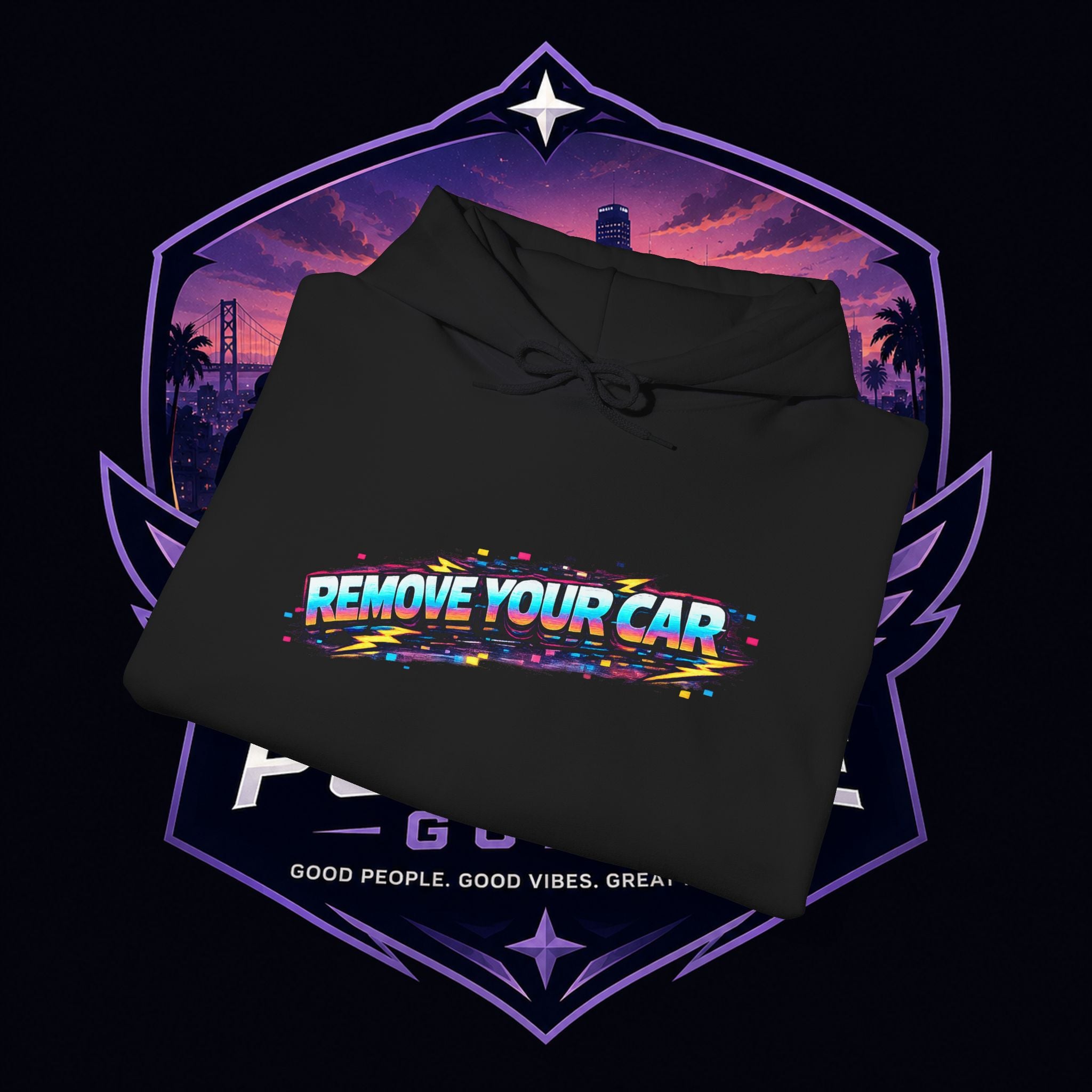 PG PERCY Remove Your Car Hoodie — "Who's Car is This?" Neon Retro Street Art Pullover