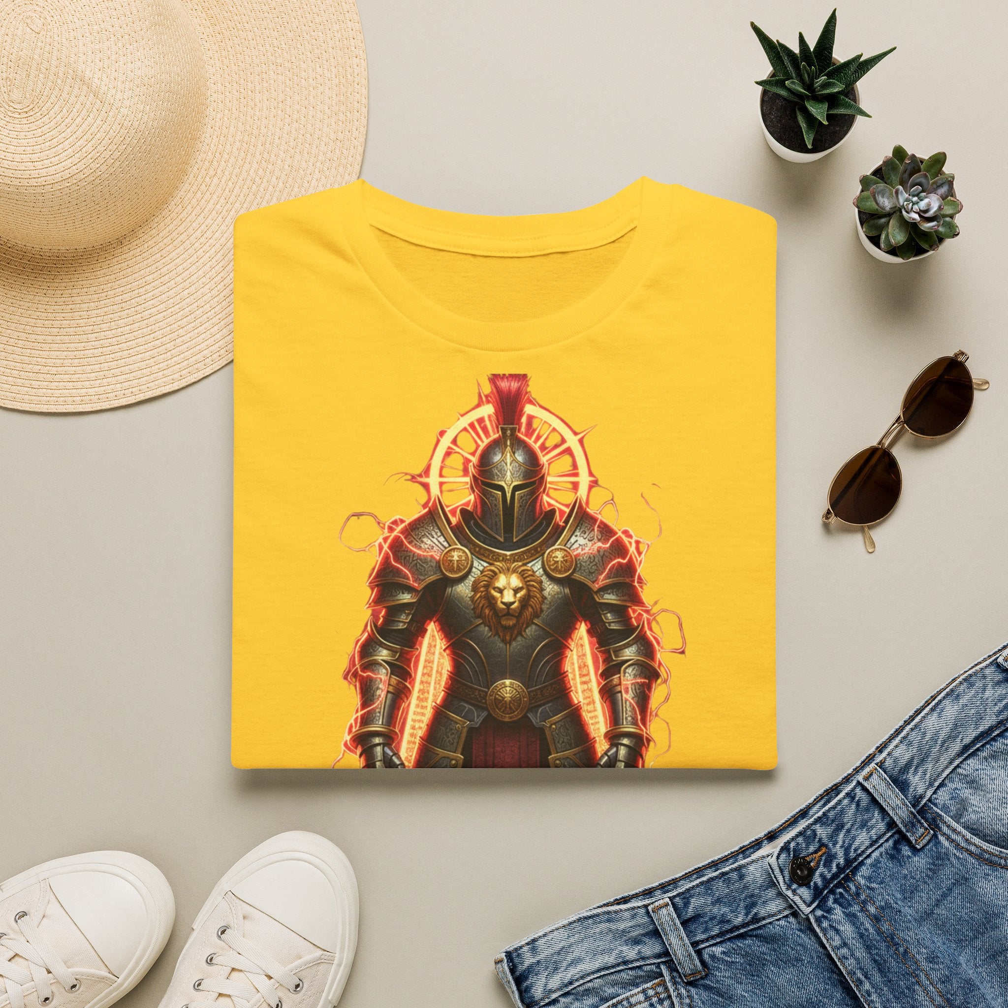 Knight of Flame Graphic T-Shirt — Fiery Medieval Armor Tee