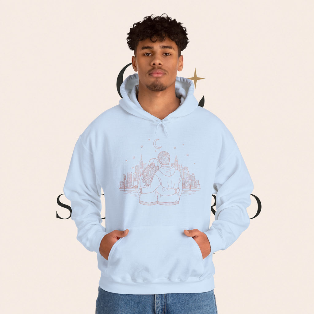 Calm City Meditation Hoodie — Zen Seated Figure Skyline Design