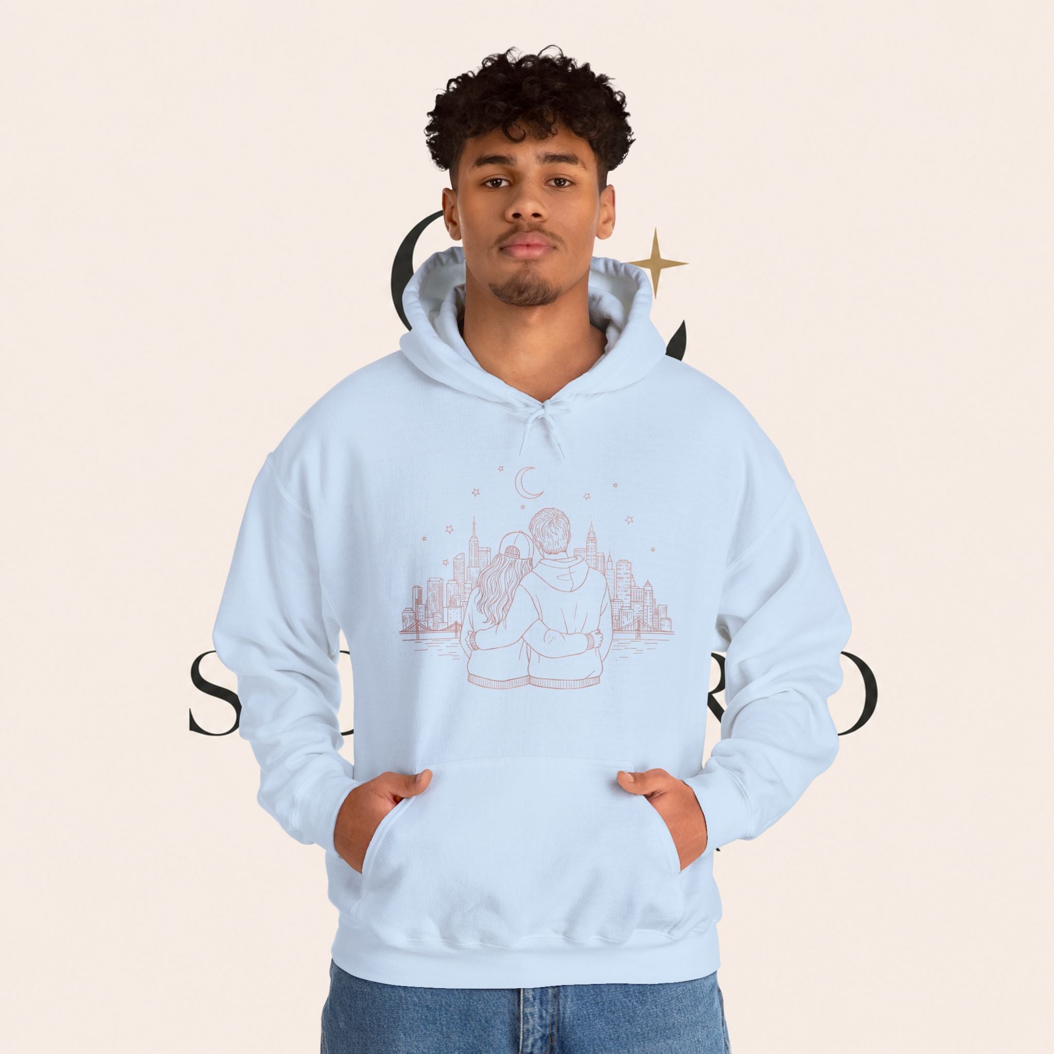 Calm City Meditation Hoodie — Zen Seated Figure Skyline Design