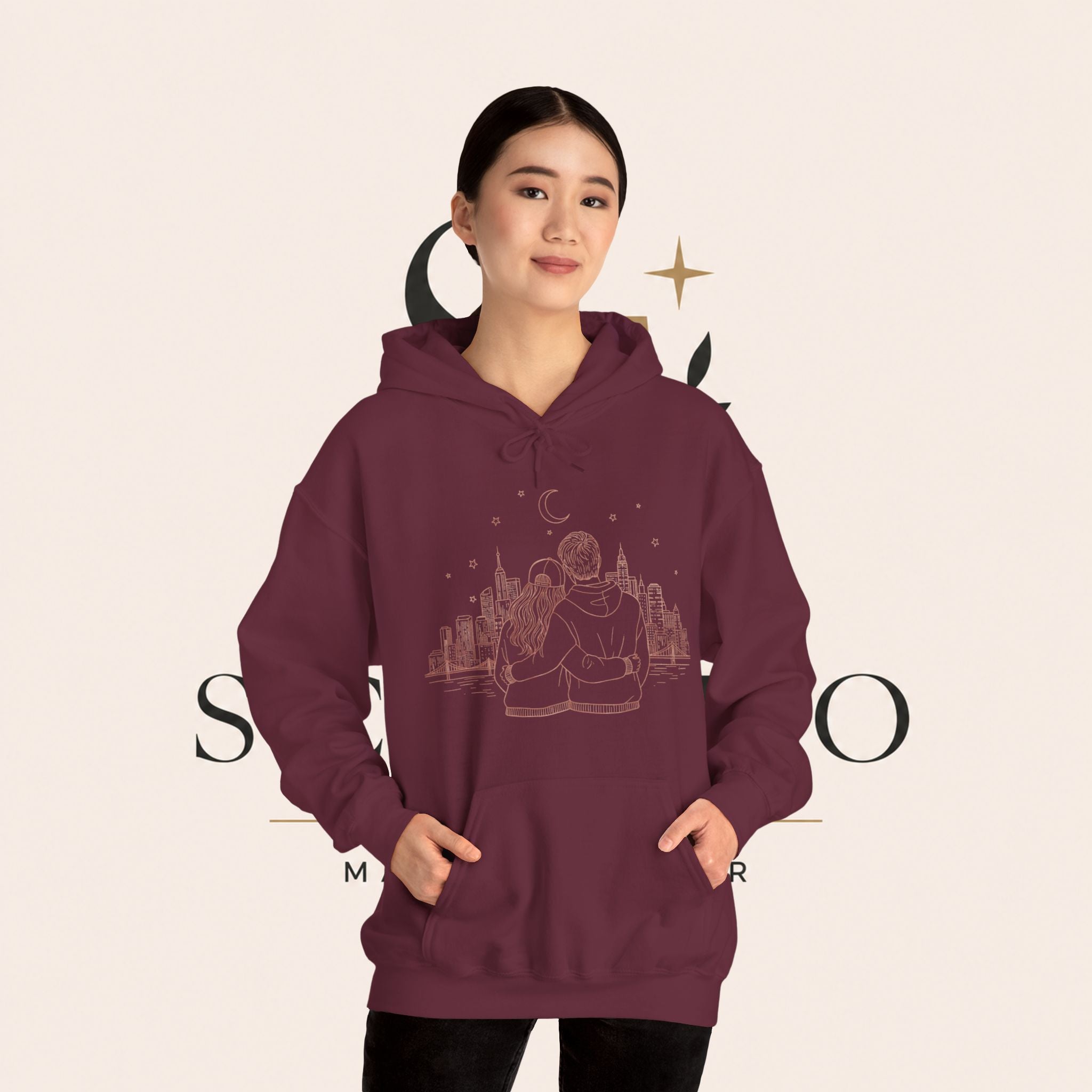 Calm City Meditation Hoodie — Zen Seated Figure Skyline Design