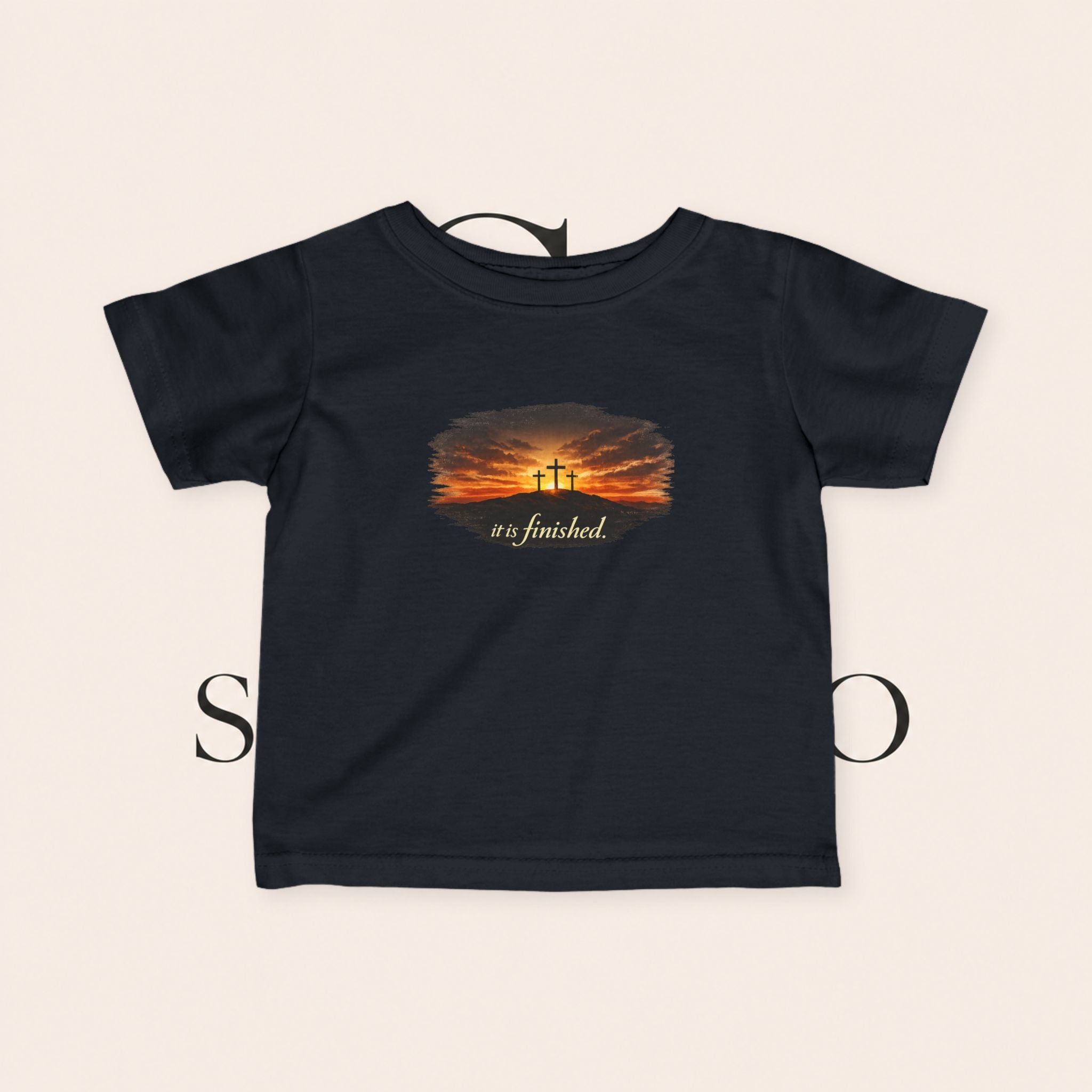 Infant Tee — Sunset Three Crosses "It Is Finished" Christian Baby Shirt