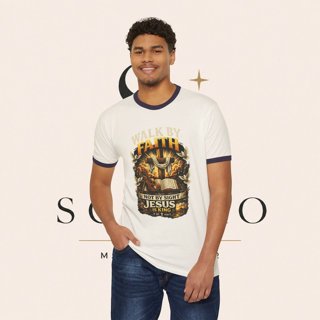 Walk by Faith Ringer T‑Shirt — 'Not By Sight Jesus Is King' Christian Tee