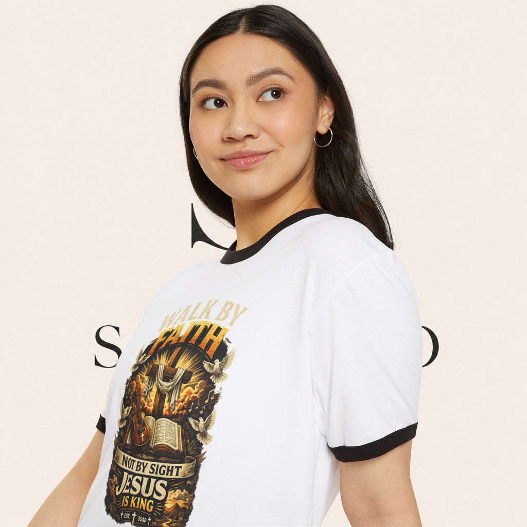 Walk by Faith Ringer T‑Shirt — 'Not By Sight Jesus Is King' Christian Tee