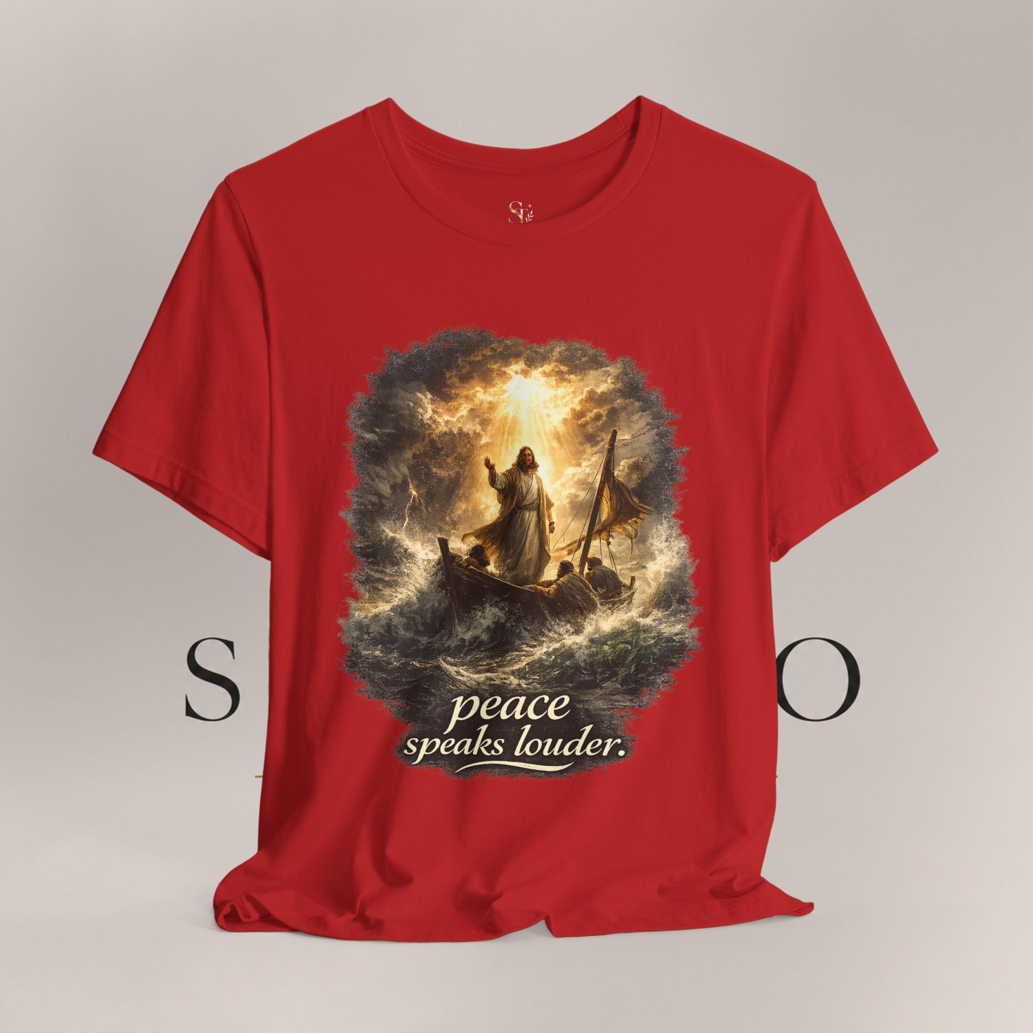 Peace Speaks Louder Christian T‑Shirt — Jesus Calming the Storm Faith Tee