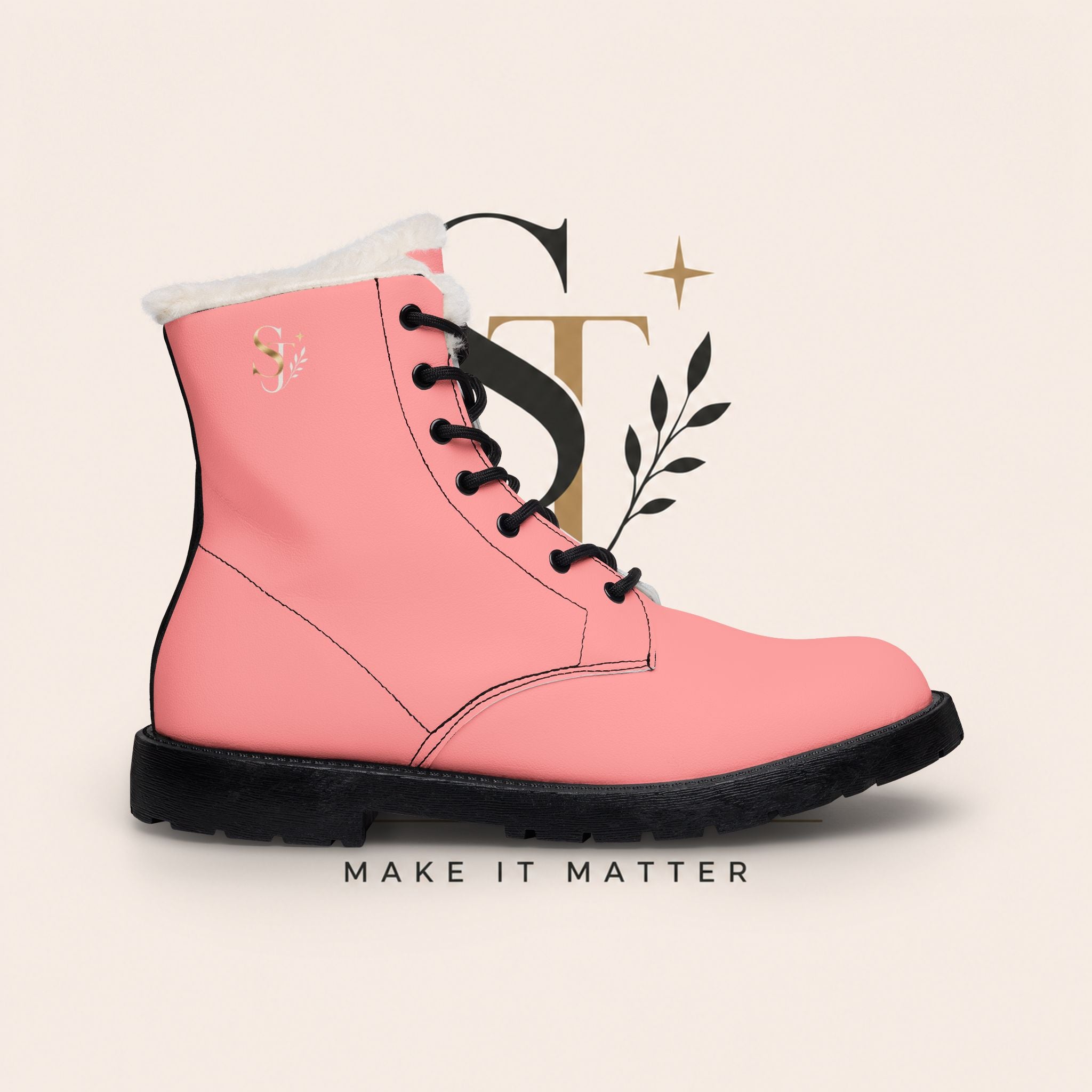 Women's Pink Fur-Lined Leather Boots — 'Make It Matter' Lace-Up Ankle Boots