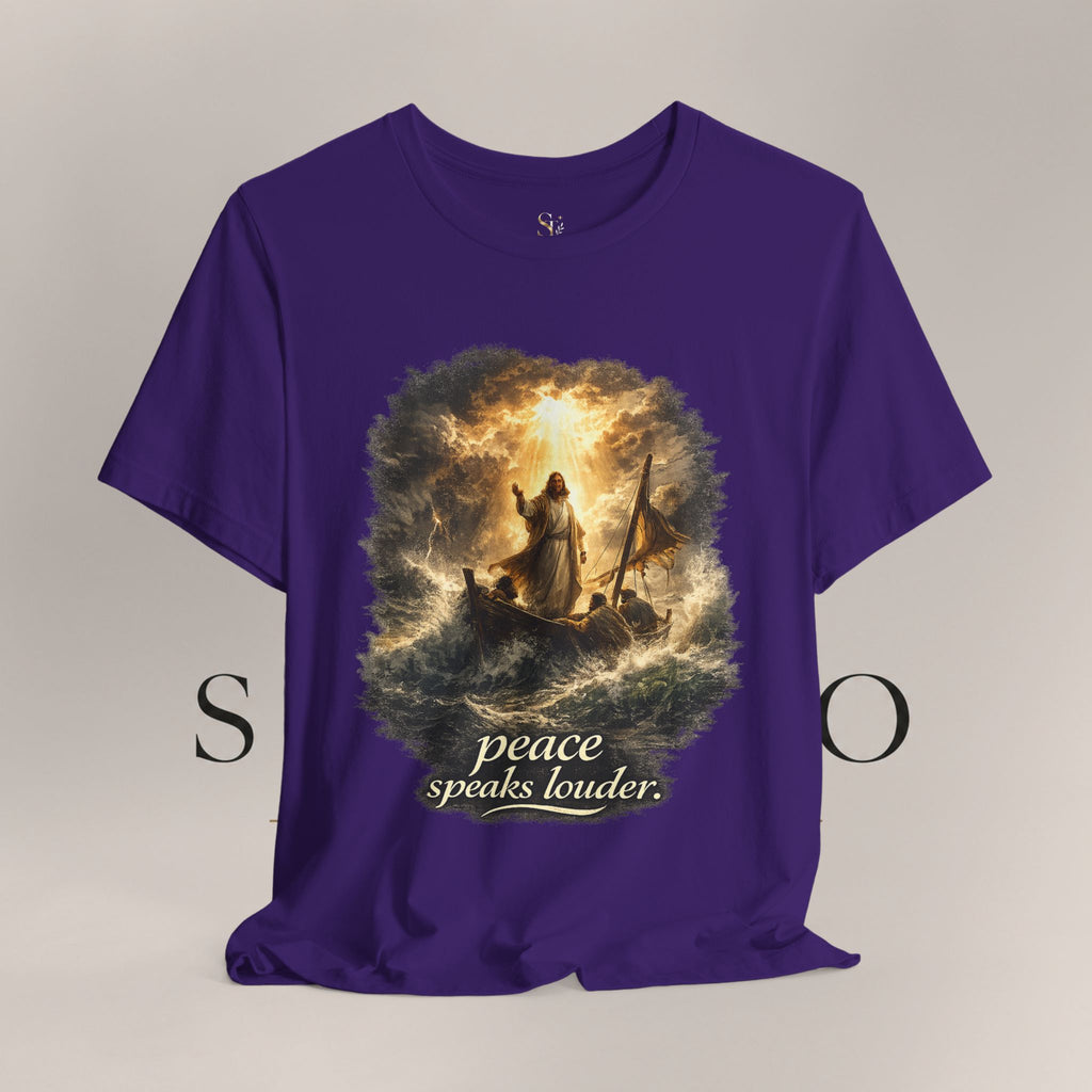 Peace Speaks Louder Christian T‑Shirt — Jesus Calming the Storm Faith Tee