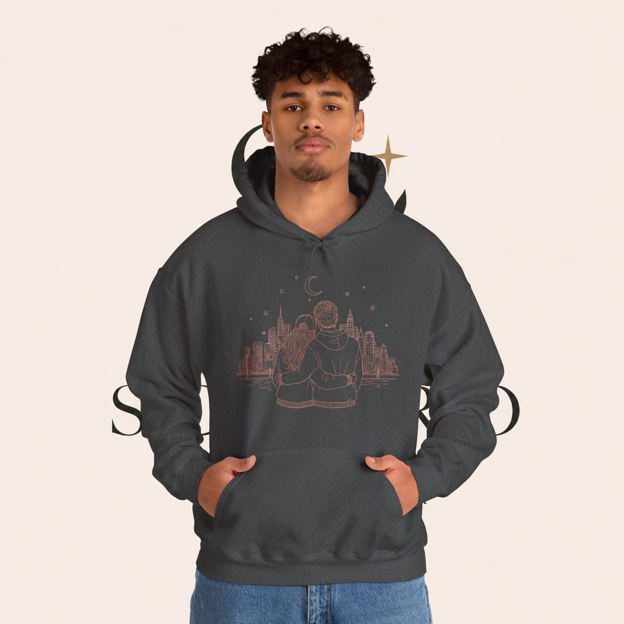 Calm City Meditation Hoodie — Zen Seated Figure Skyline Design