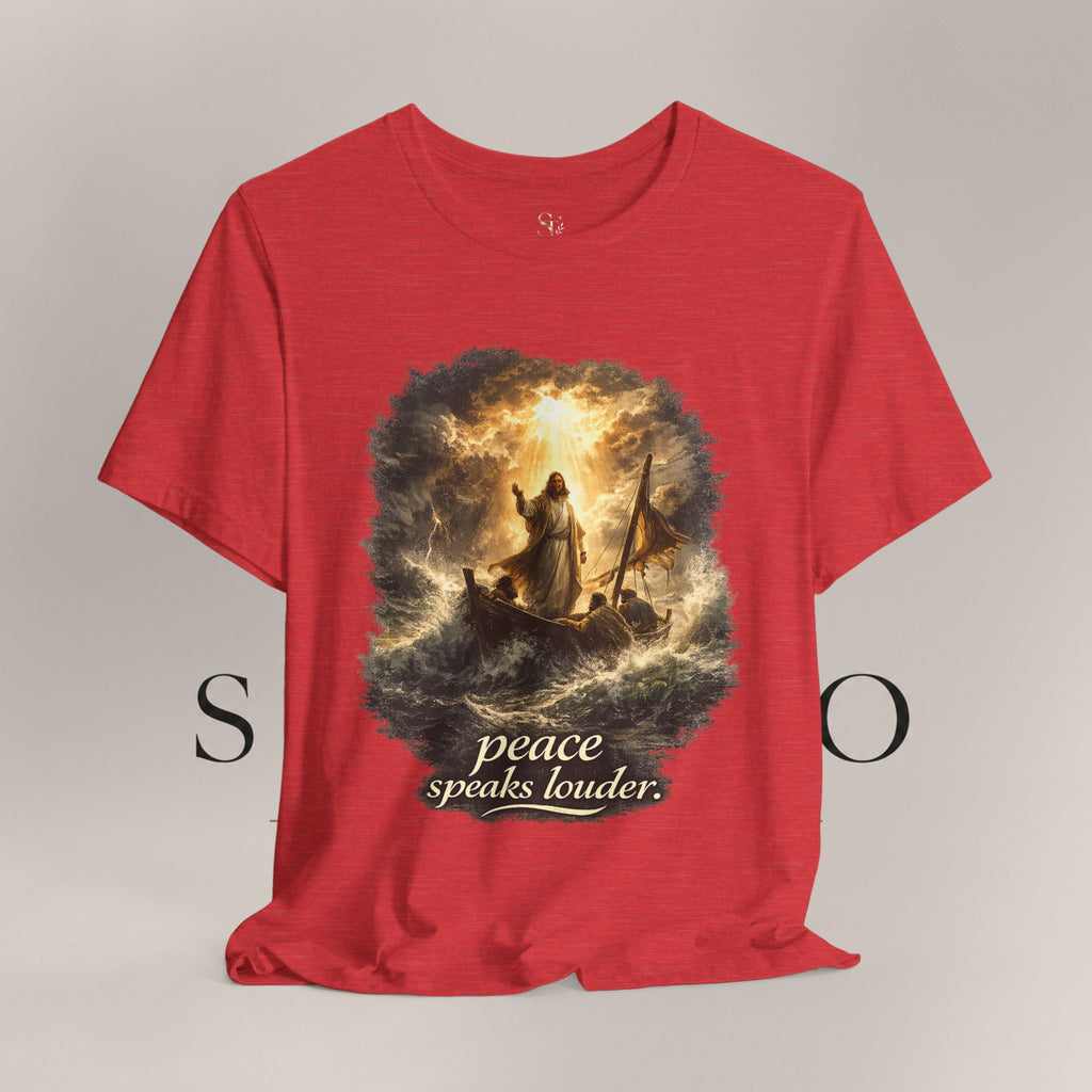 Peace Speaks Louder Christian T‑Shirt — Jesus Calming the Storm Faith Tee