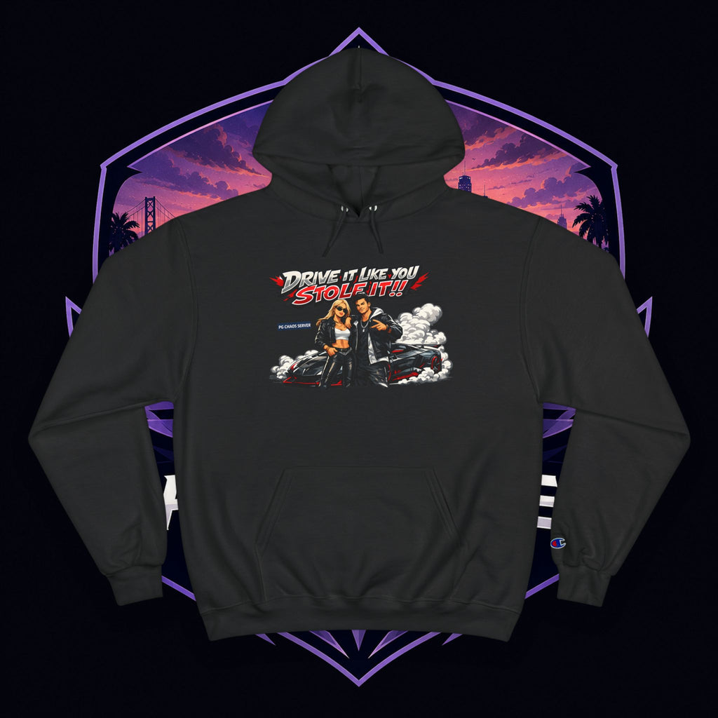 PG NATHALIE Drive It Like You Stole It Hoodie — Retro Motorcycle Graphic Champion Hoodie