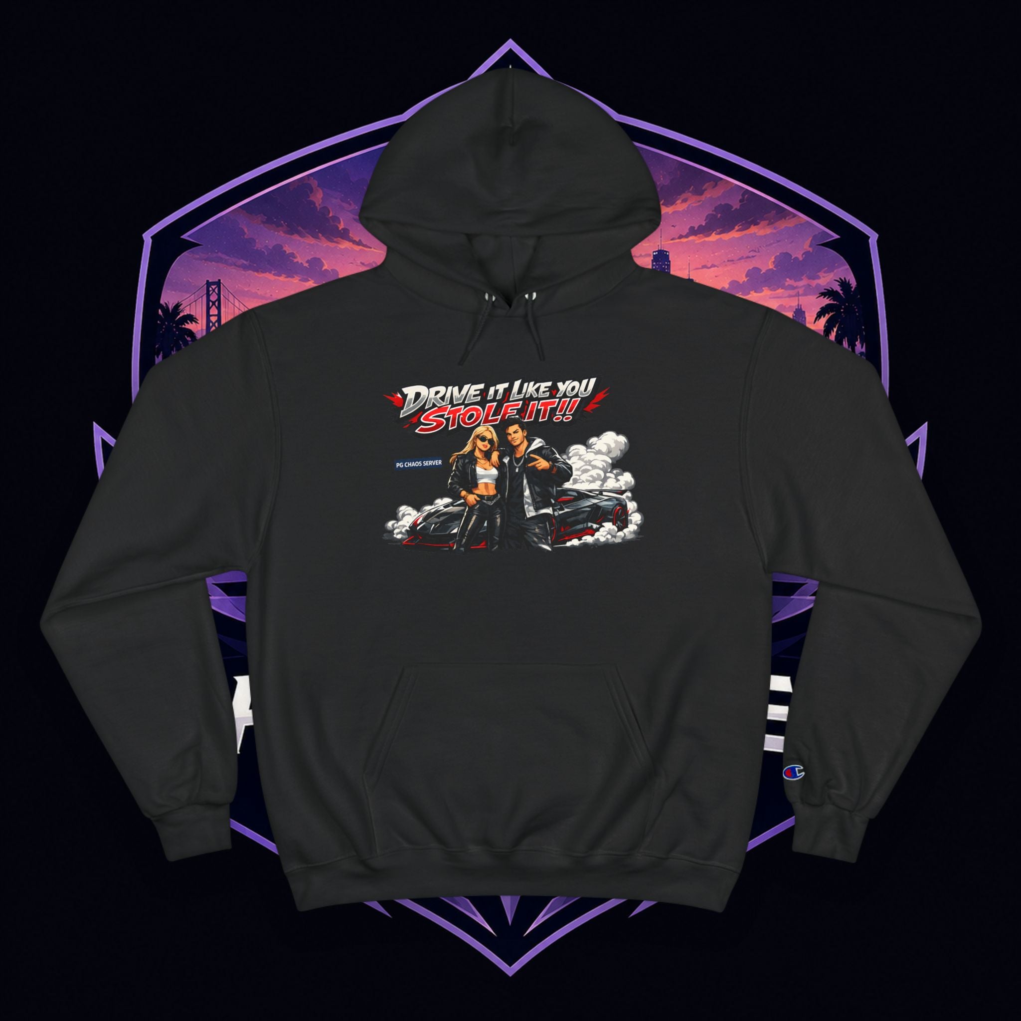 PG NATHALIE Drive It Like You Stole It Hoodie — Retro Motorcycle Graphic Champion Hoodie