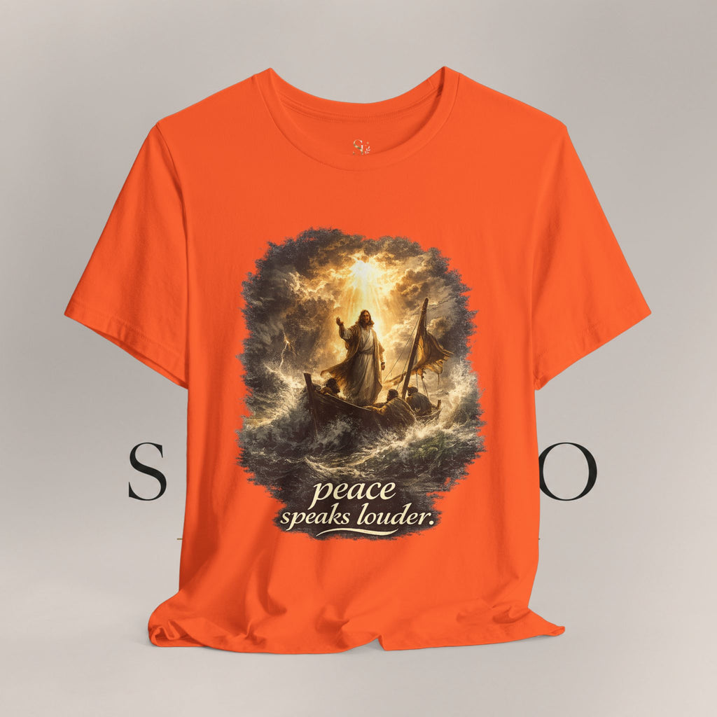 Peace Speaks Louder Christian T‑Shirt — Jesus Calming the Storm Faith Tee