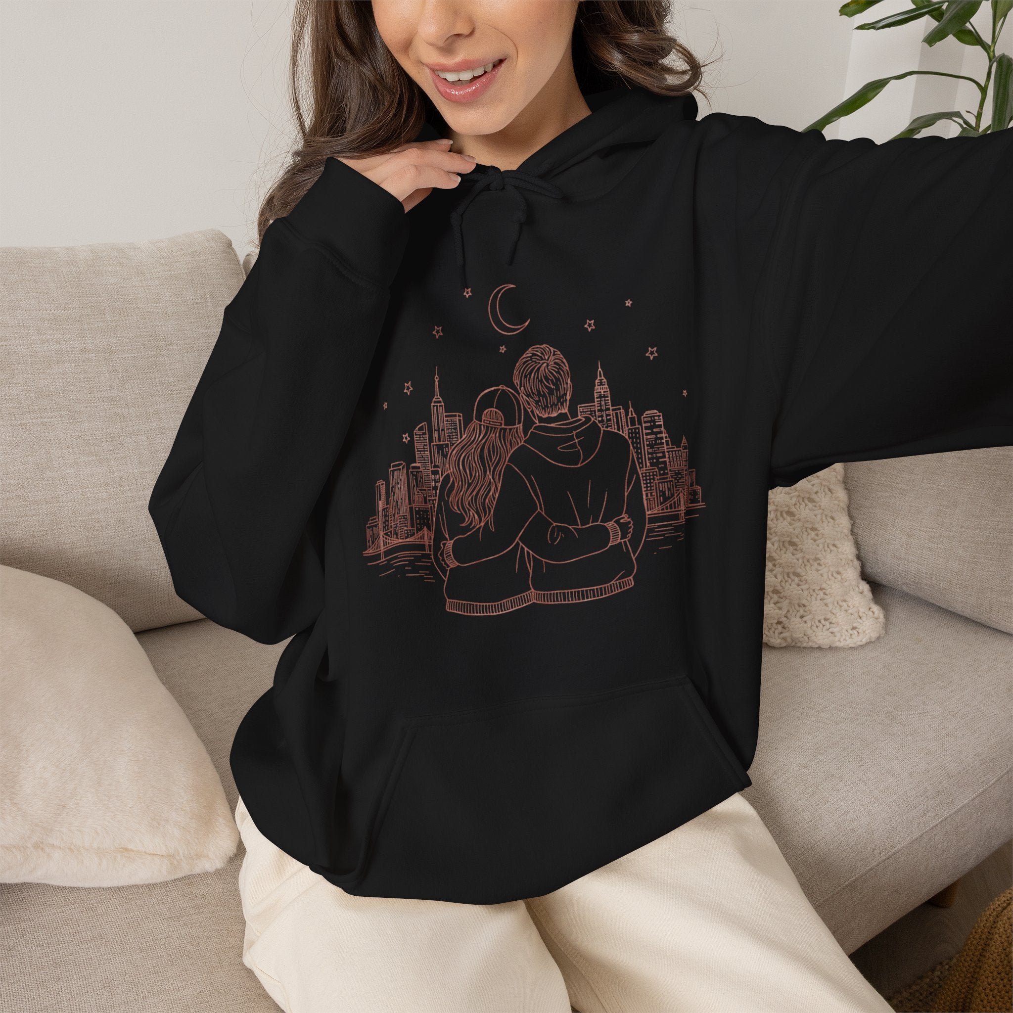 Calm City Meditation Hoodie — Zen Seated Figure Skyline Design