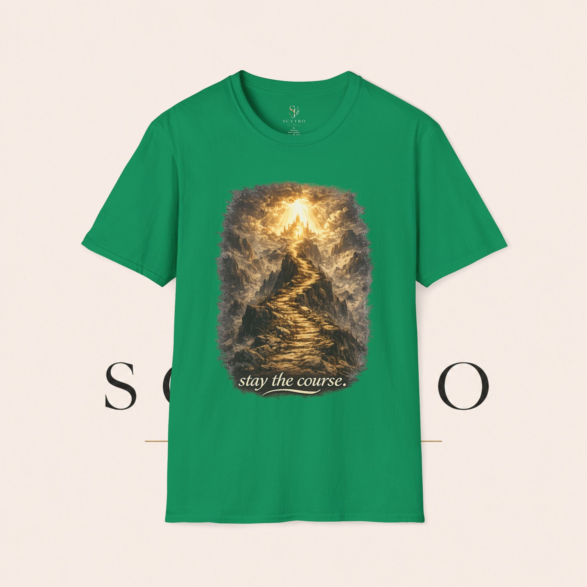 T-Shirt — 'Stay the Course' Ascending Light Mountain Graphic Tee