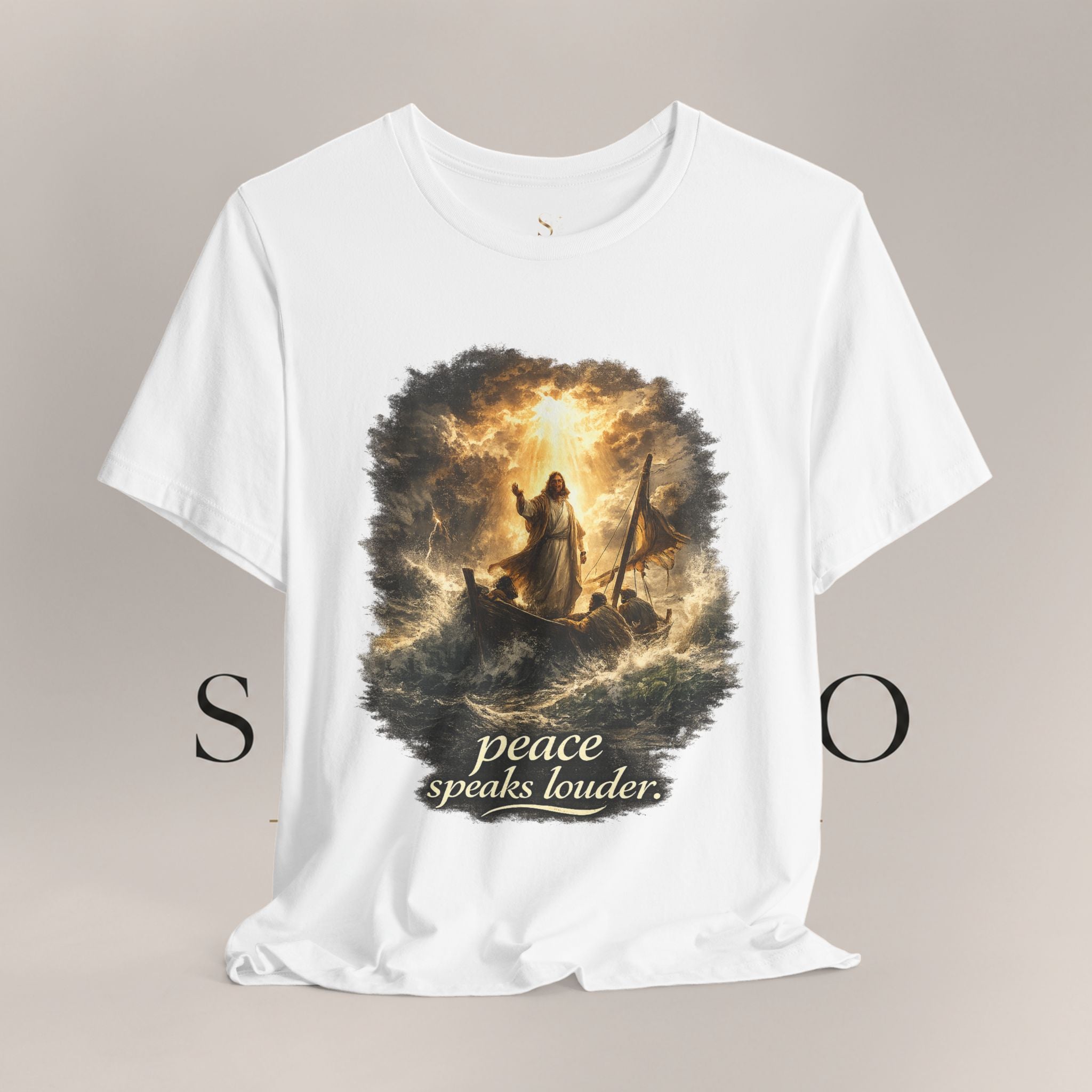 Peace Speaks Louder Christian T‑Shirt — Jesus Calming the Storm Faith Tee