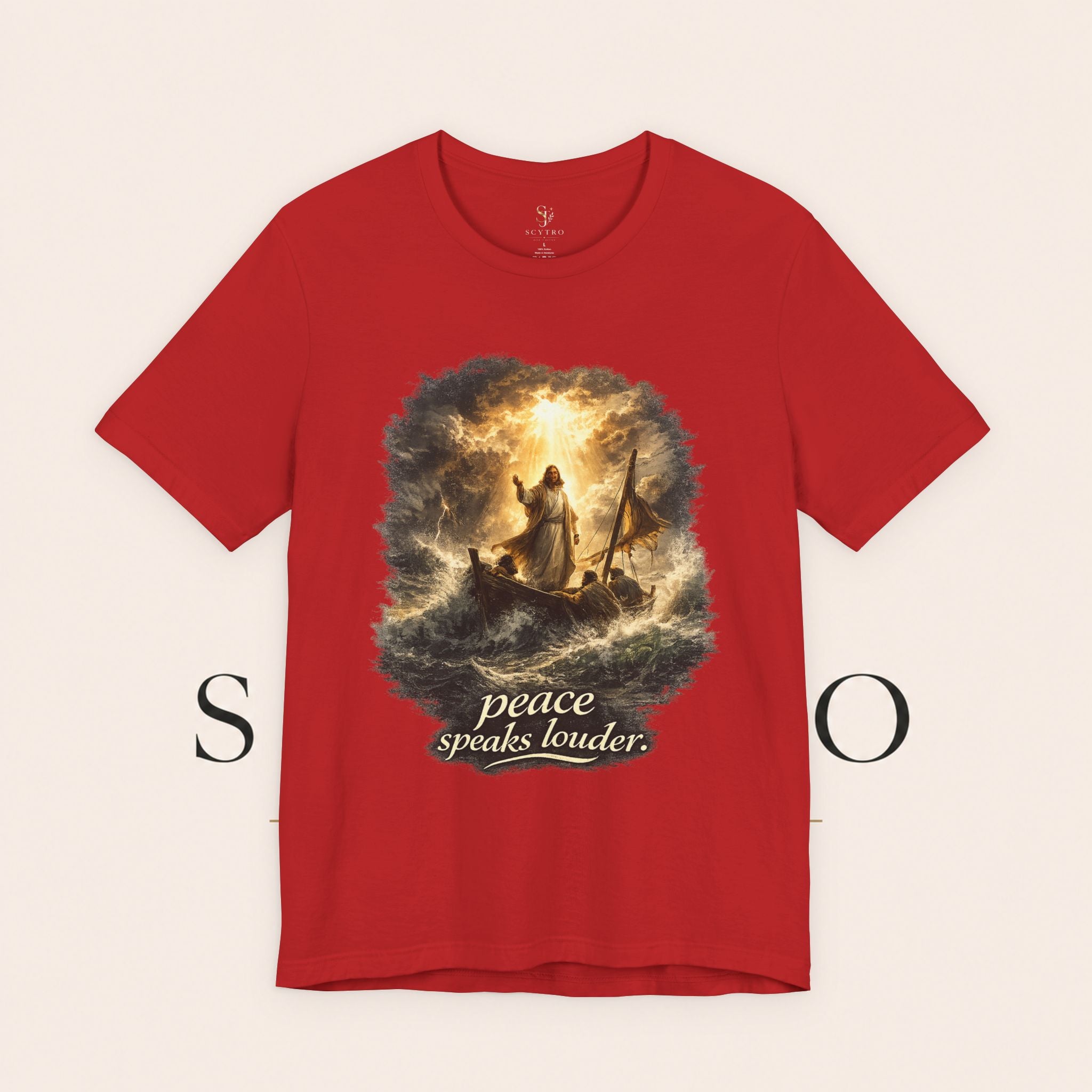 Peace Speaks Louder Christian T‑Shirt — Jesus Calming the Storm Faith Tee