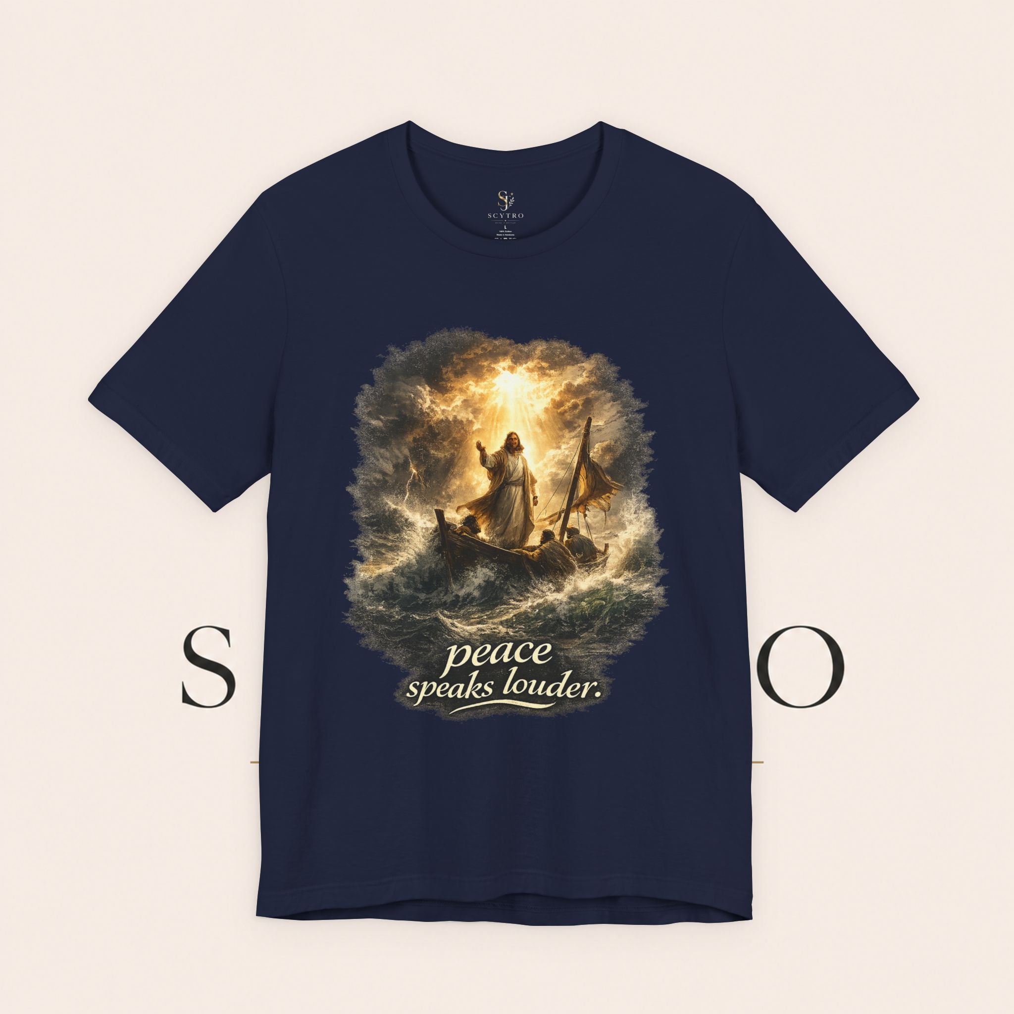 Peace Speaks Louder Christian T‑Shirt — Jesus Calming the Storm Faith Tee