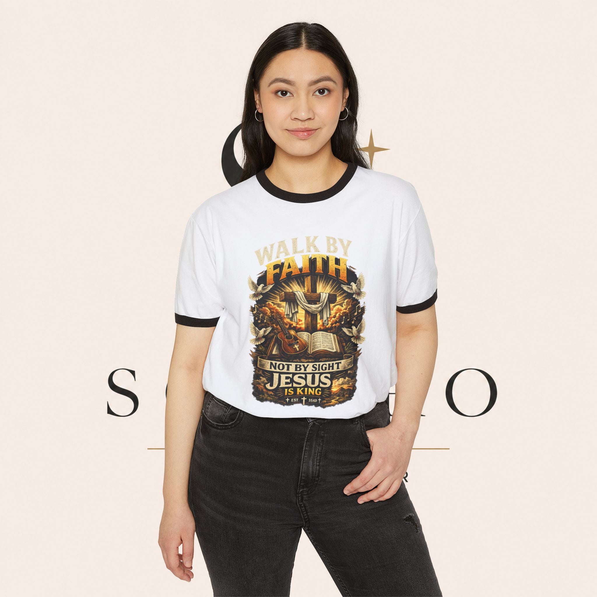 Walk by Faith Ringer T‑Shirt — 'Not By Sight Jesus Is King' Christian Tee
