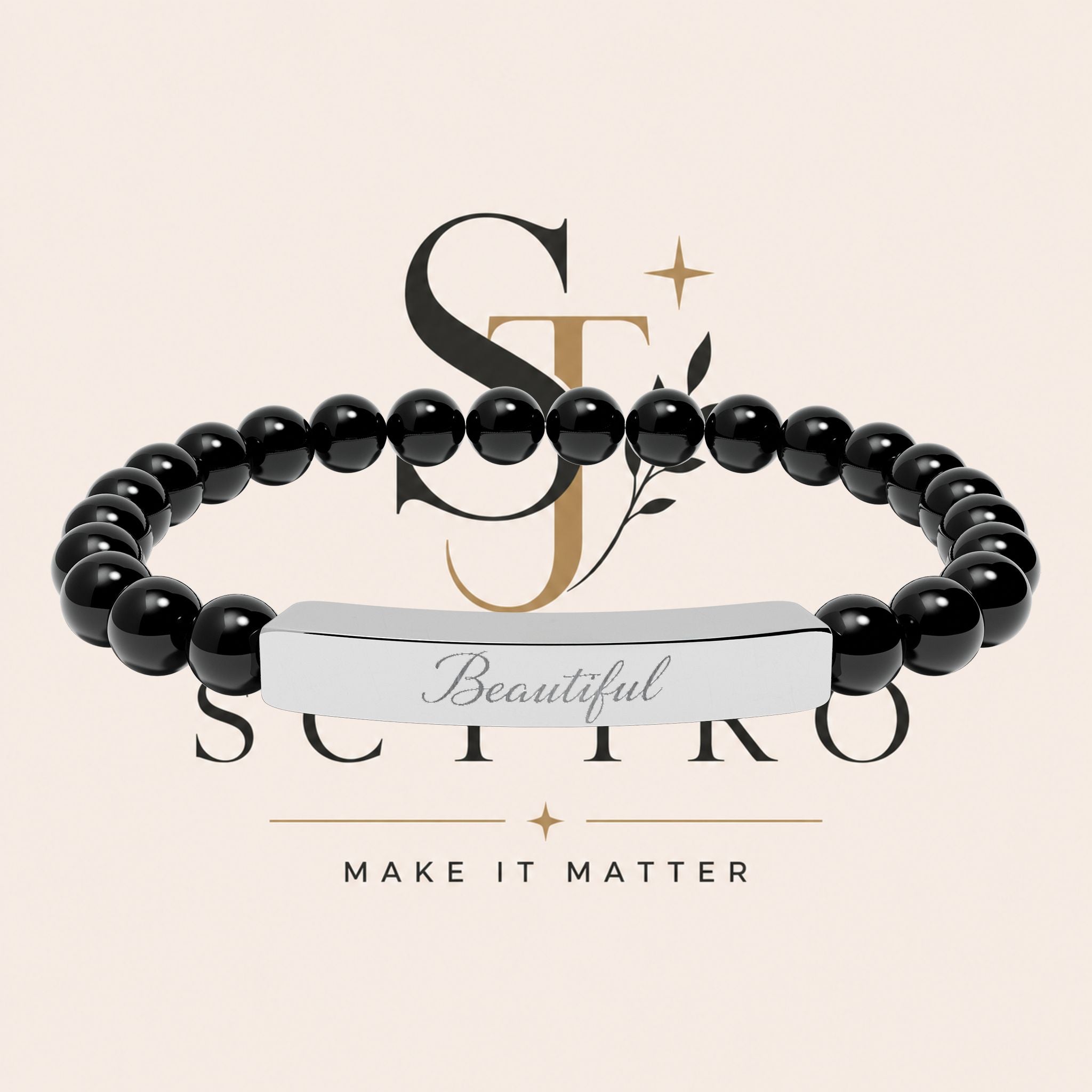 Engraved Natural Stone Bar Bracelet — Personalized Stretch Beaded Bracelet