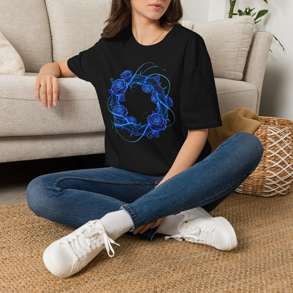 Blue Rose Wreath T-Shirt — Ethereal Floral Graphic Tee