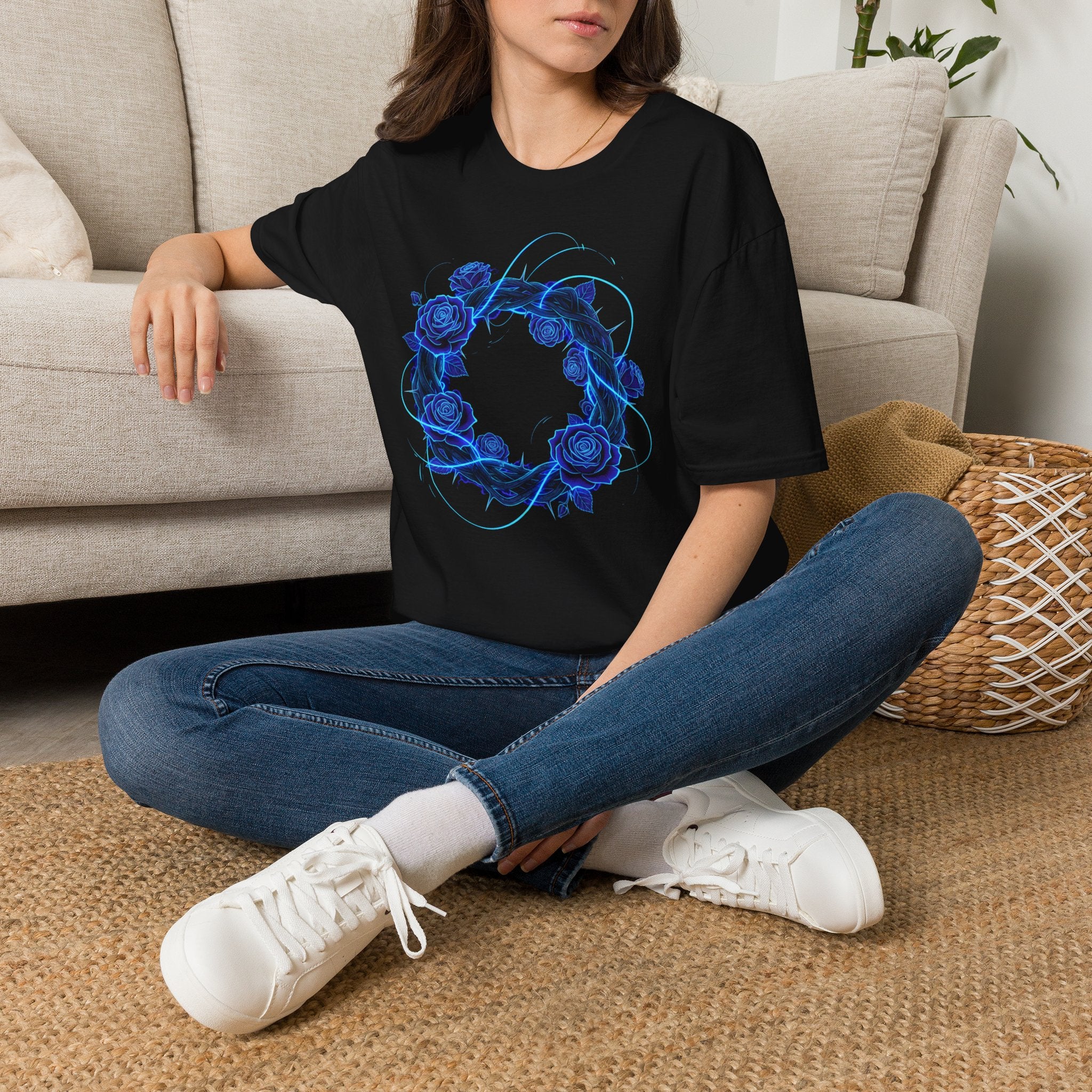 Blue Rose Wreath T-Shirt — Ethereal Floral Graphic Tee