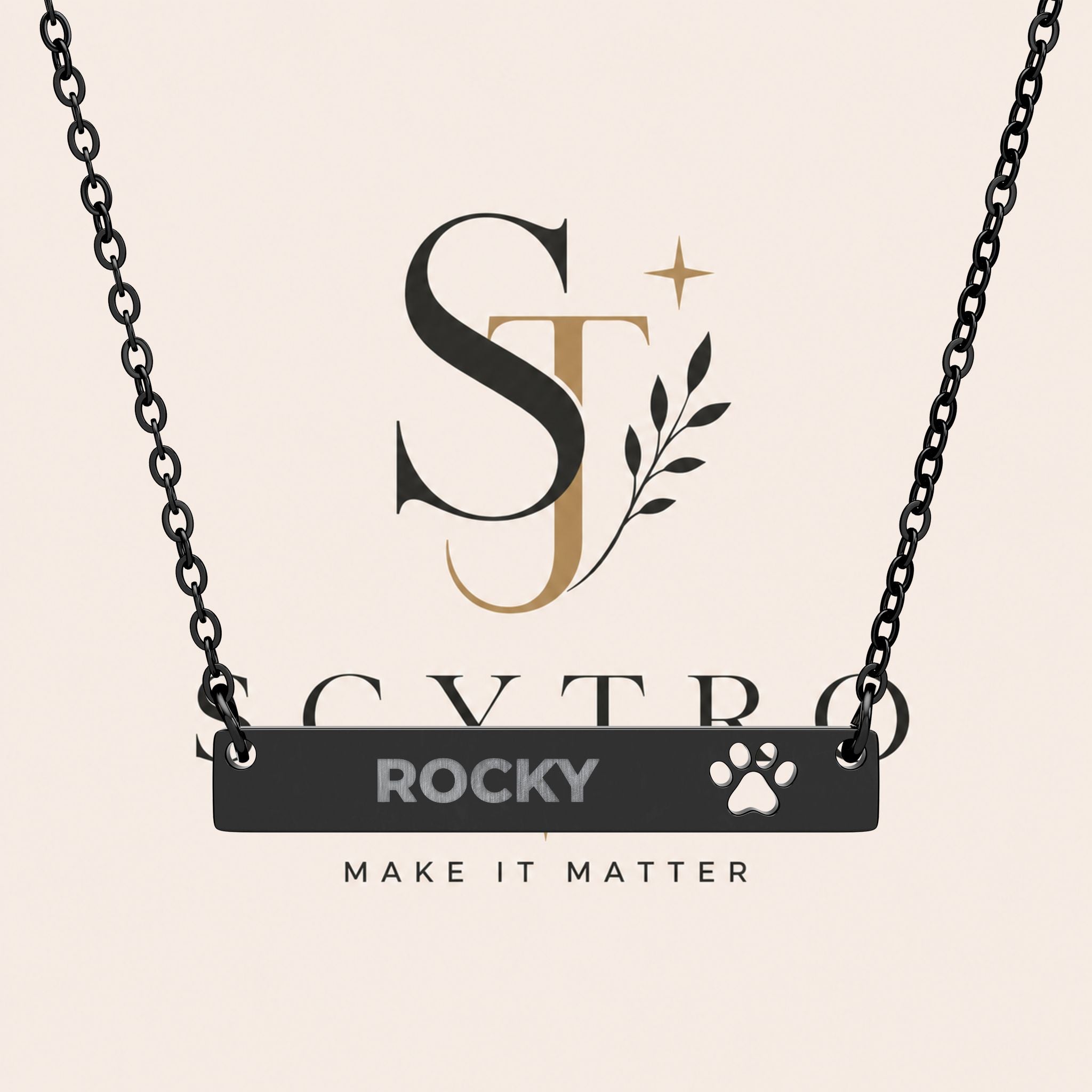 Paw Bar Necklace — Engraved Name & Cutout Paw Charm