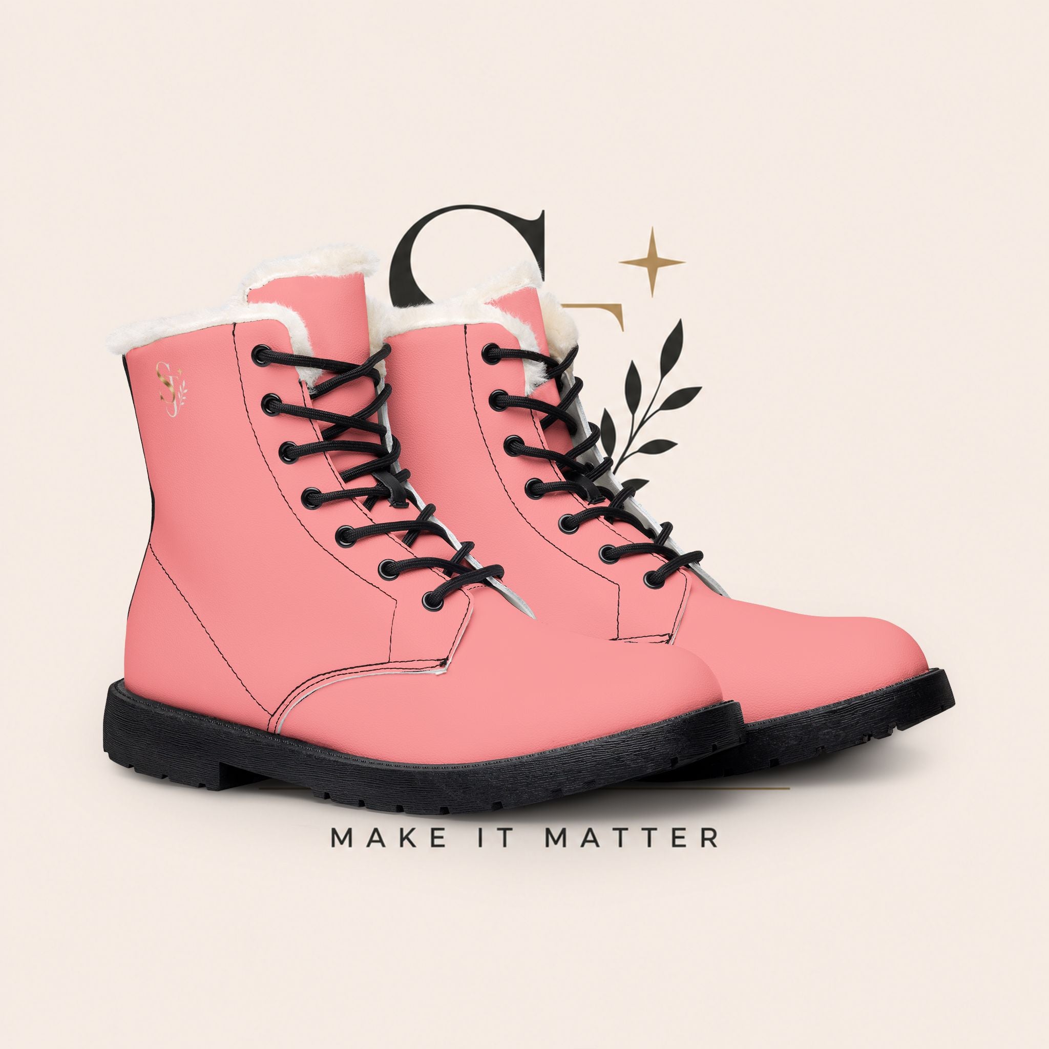 Women's Pink Fur-Lined Leather Boots — 'Make It Matter' Lace-Up Ankle Boots
