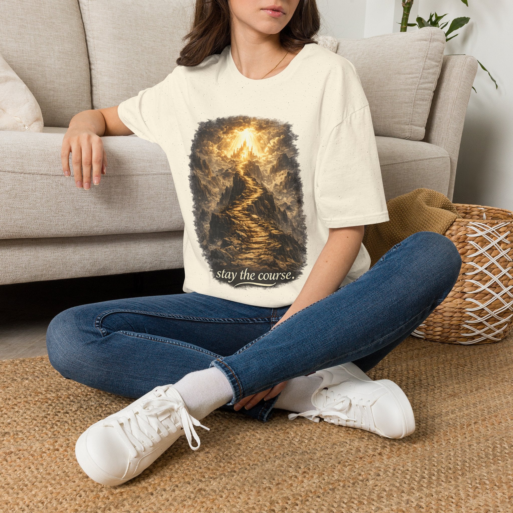 T-Shirt — 'Stay the Course' Ascending Light Mountain Graphic Tee