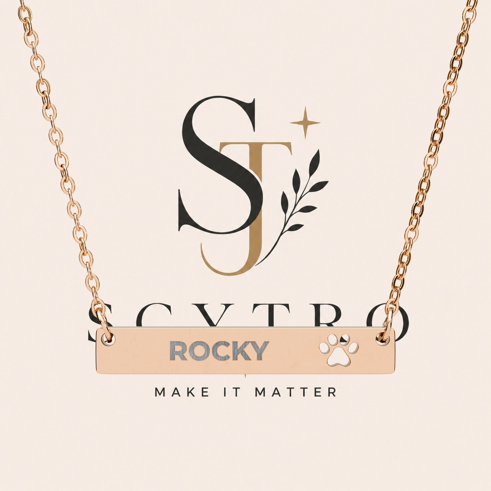 Paw Bar Necklace — Engraved Name & Cutout Paw Charm