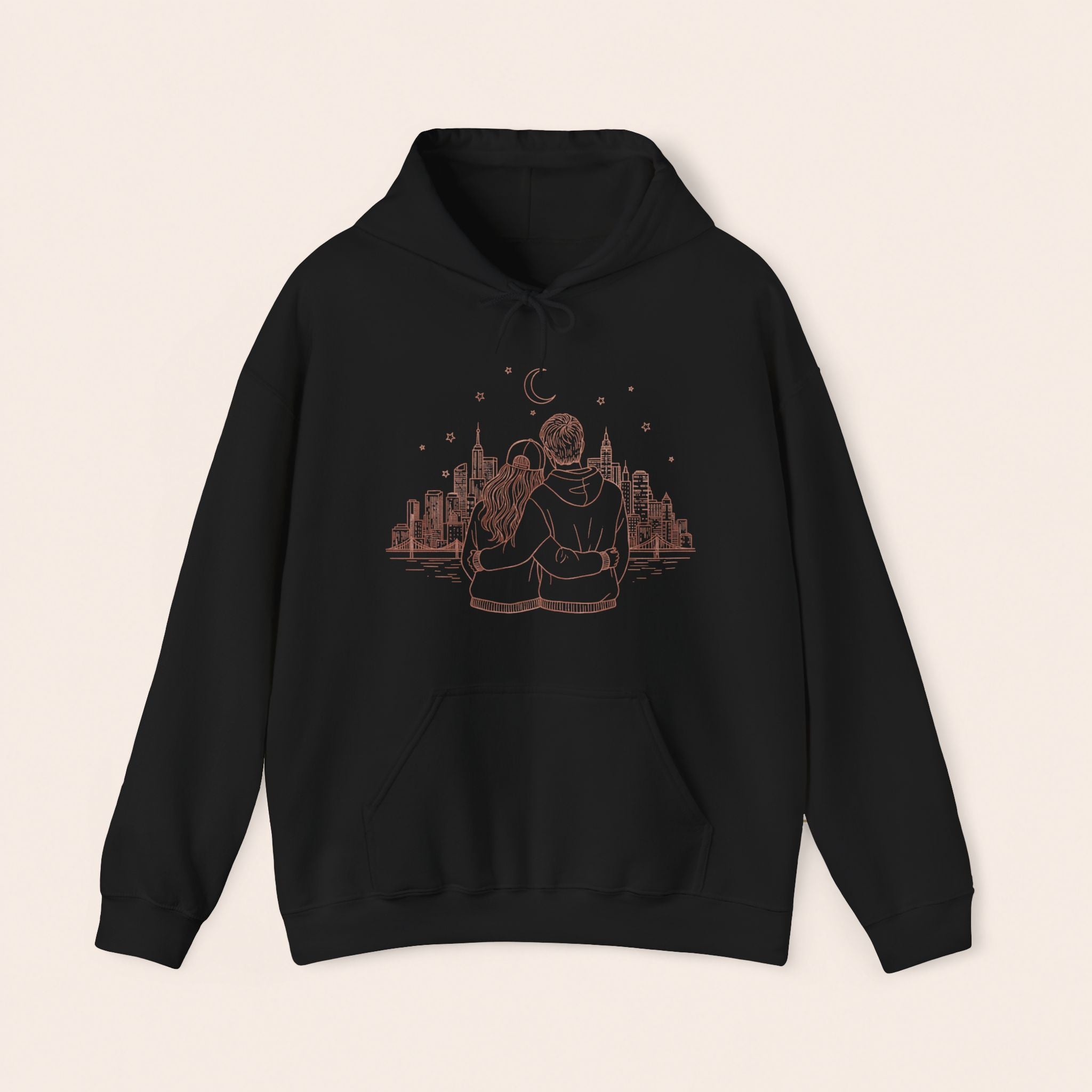 Calm City Meditation Hoodie — Zen Seated Figure Skyline Design
