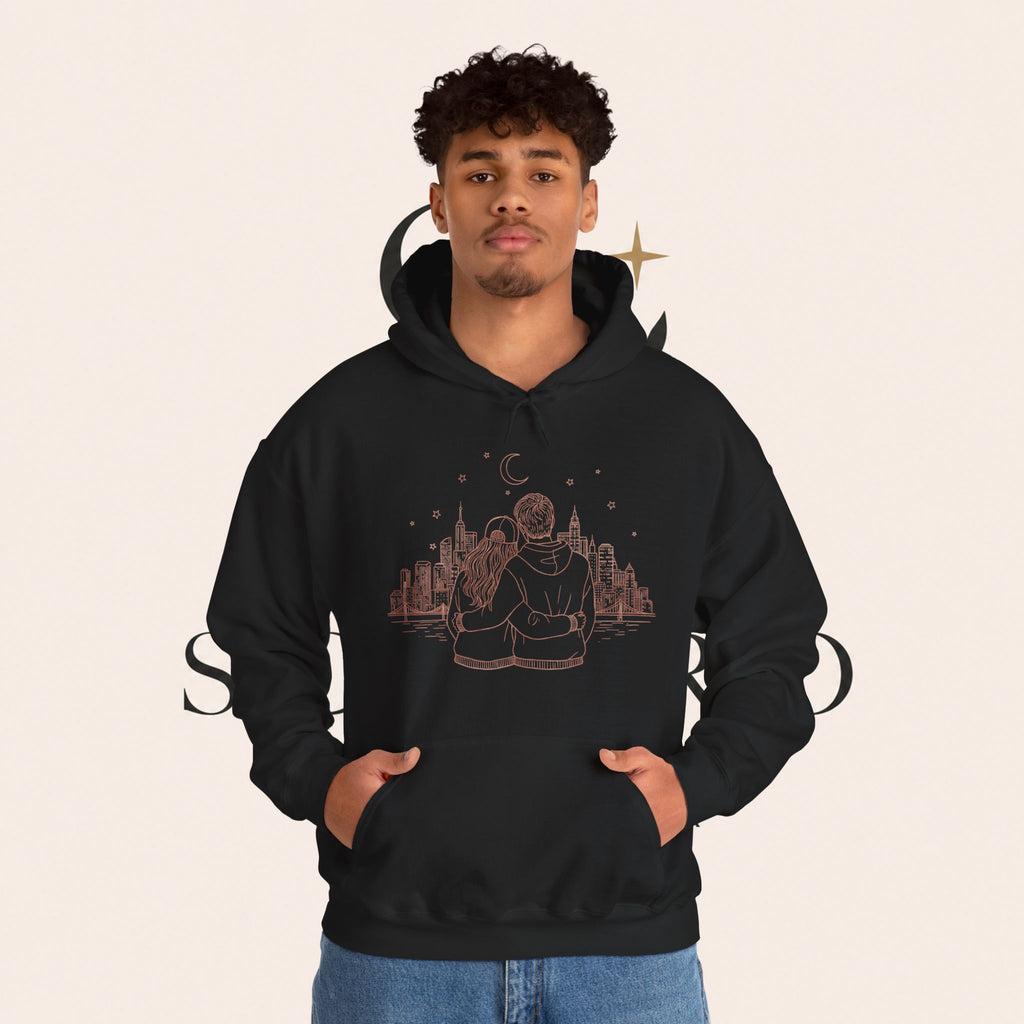 Calm City Meditation Hoodie — Zen Seated Figure Skyline Design