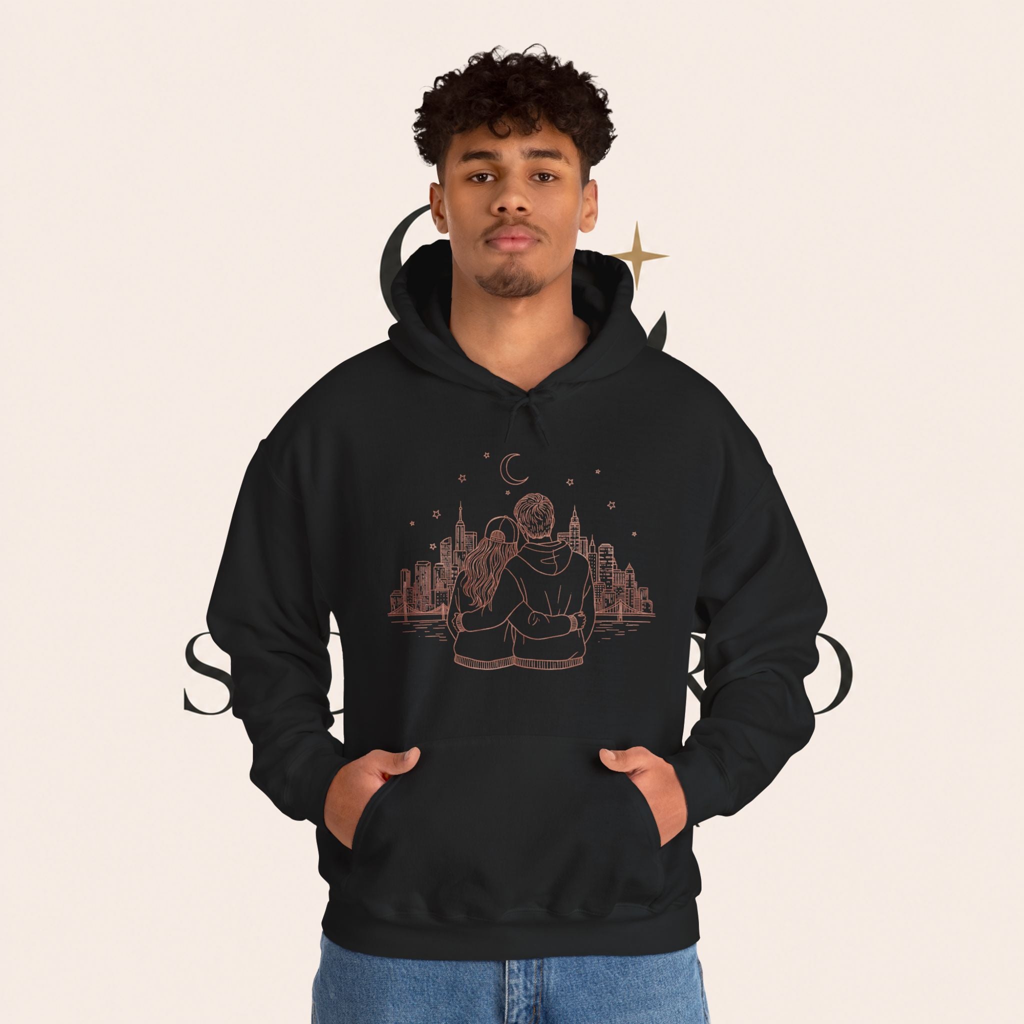 Calm City Meditation Hoodie — Zen Seated Figure Skyline Design